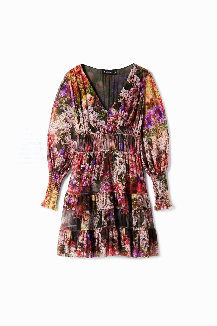 フリル袖の長袖ショートドレス、花柄プリント | Desigual