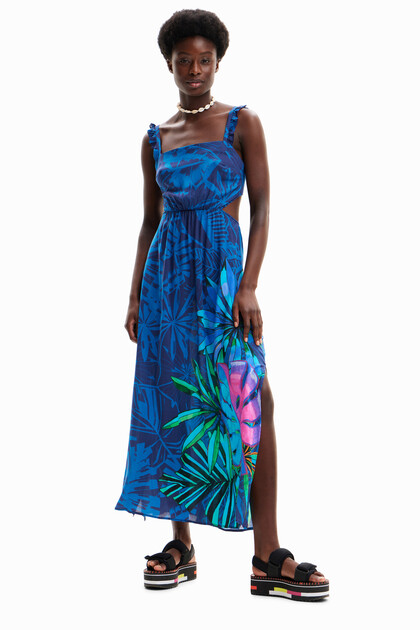 Sukienka średniej długości z falbankami i nadrukiem w tropikalny deseń