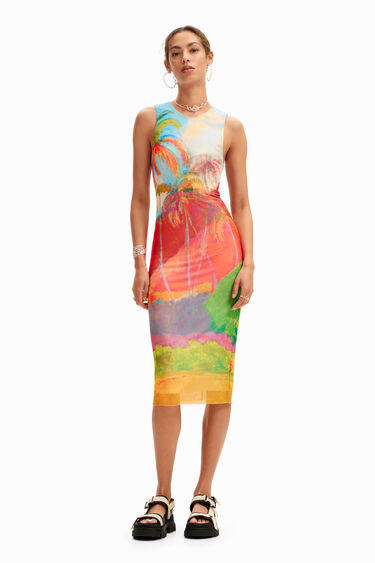 Veelkleurige tropische midi-jurk | Desigual