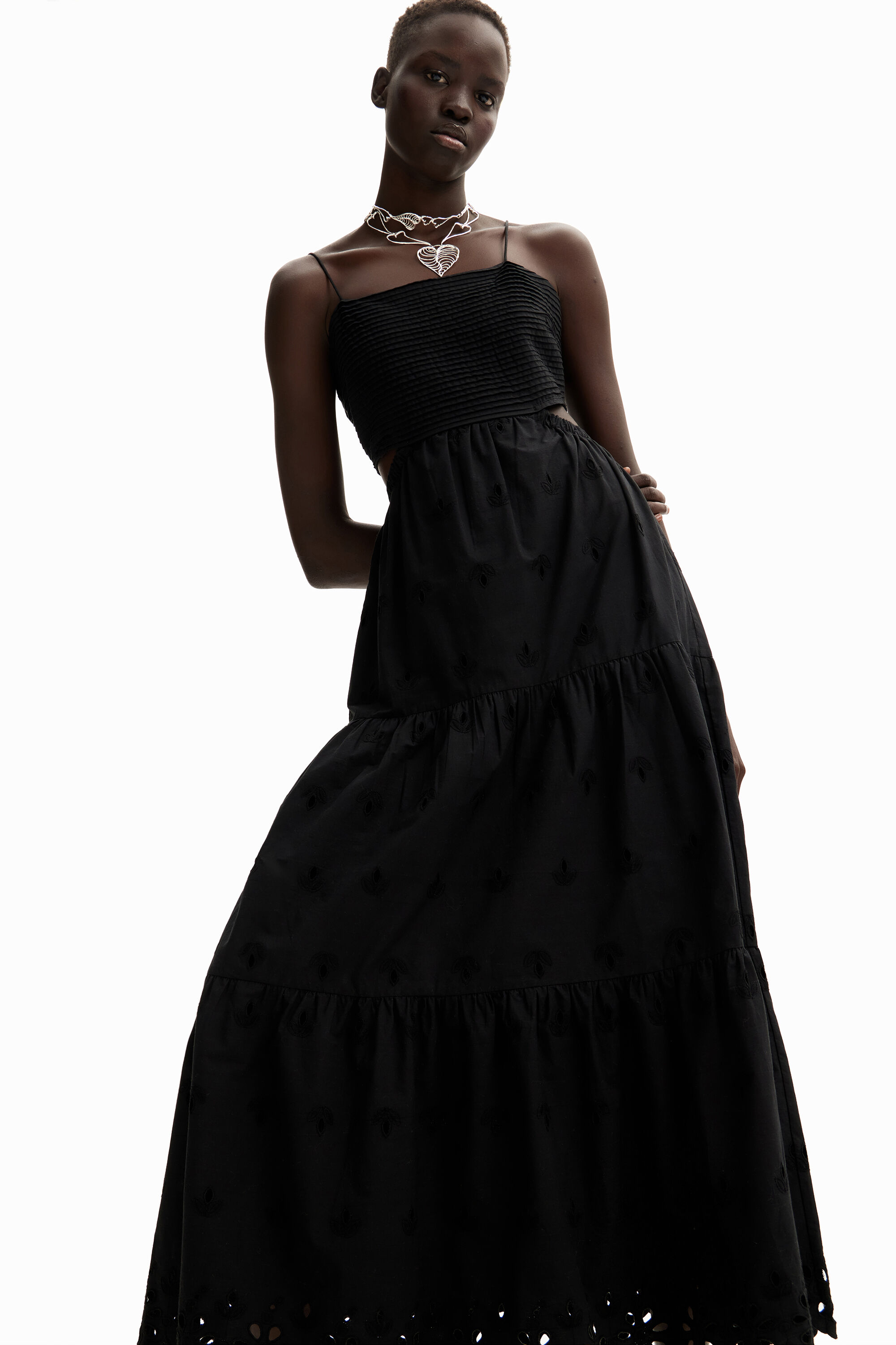 Long embroidered cut-out dress - BLACK - XS