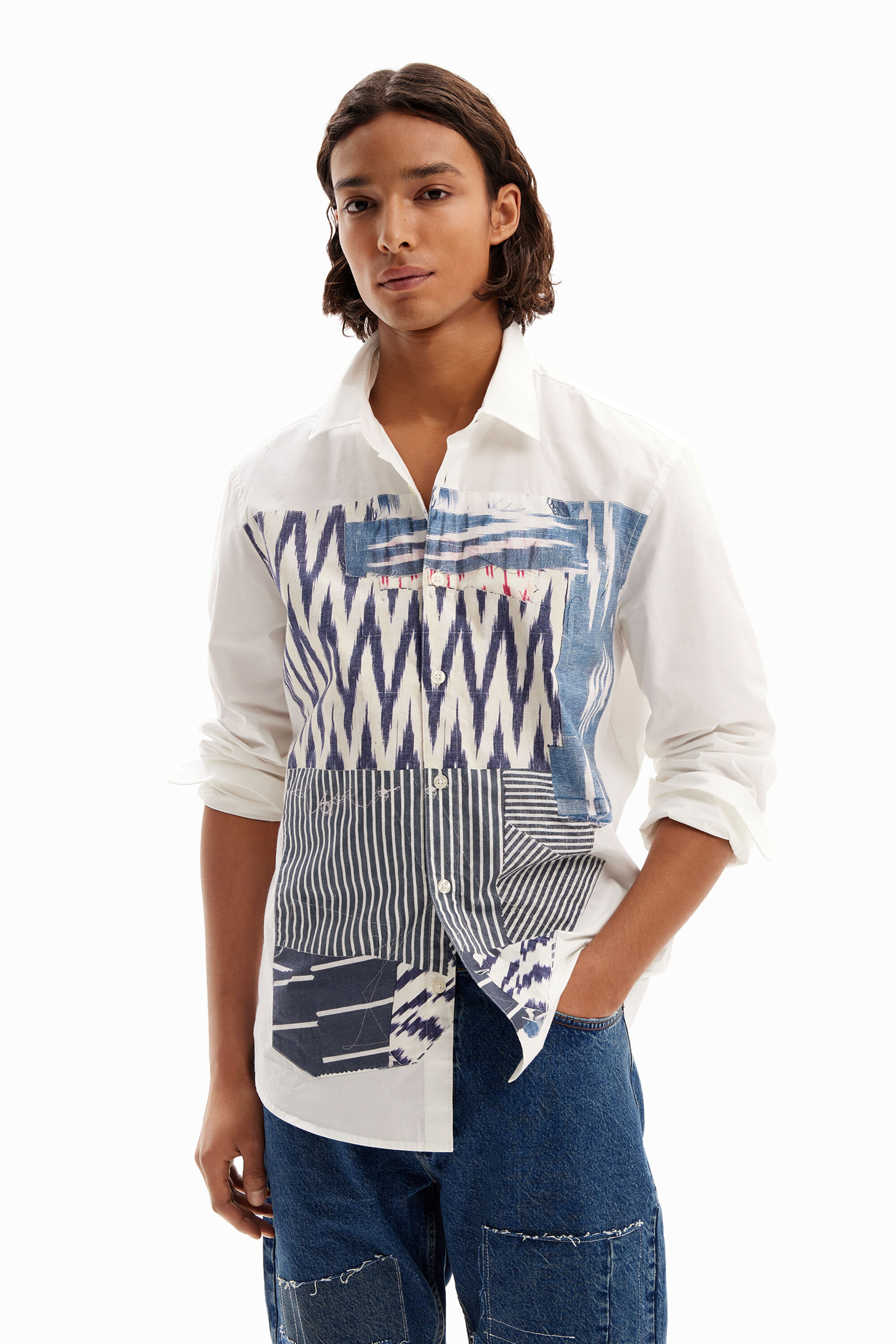 Ikat patchwork shirt - WHITE - XL