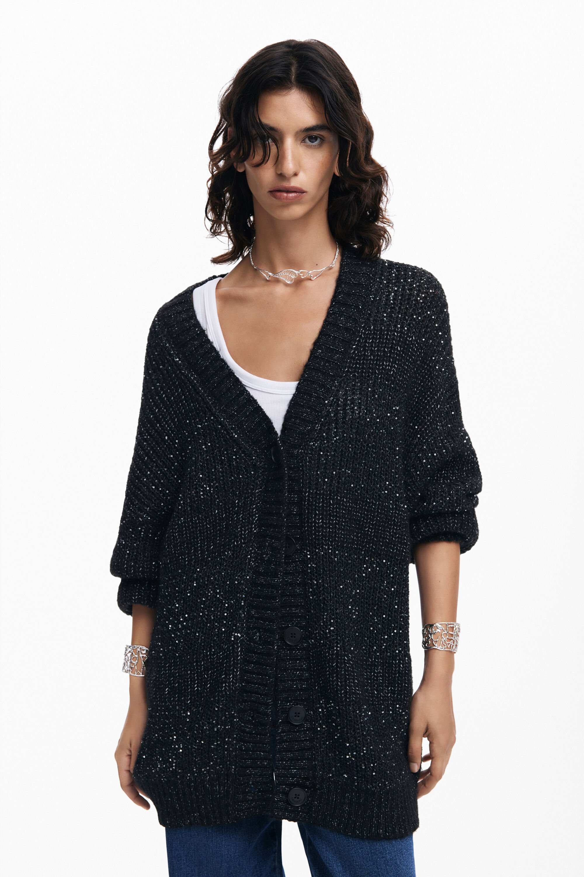 Desigual V neck knit jacket Women Black L