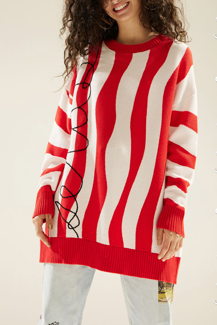 Oversize pletený sveter s červenými vlnami | Desigual
