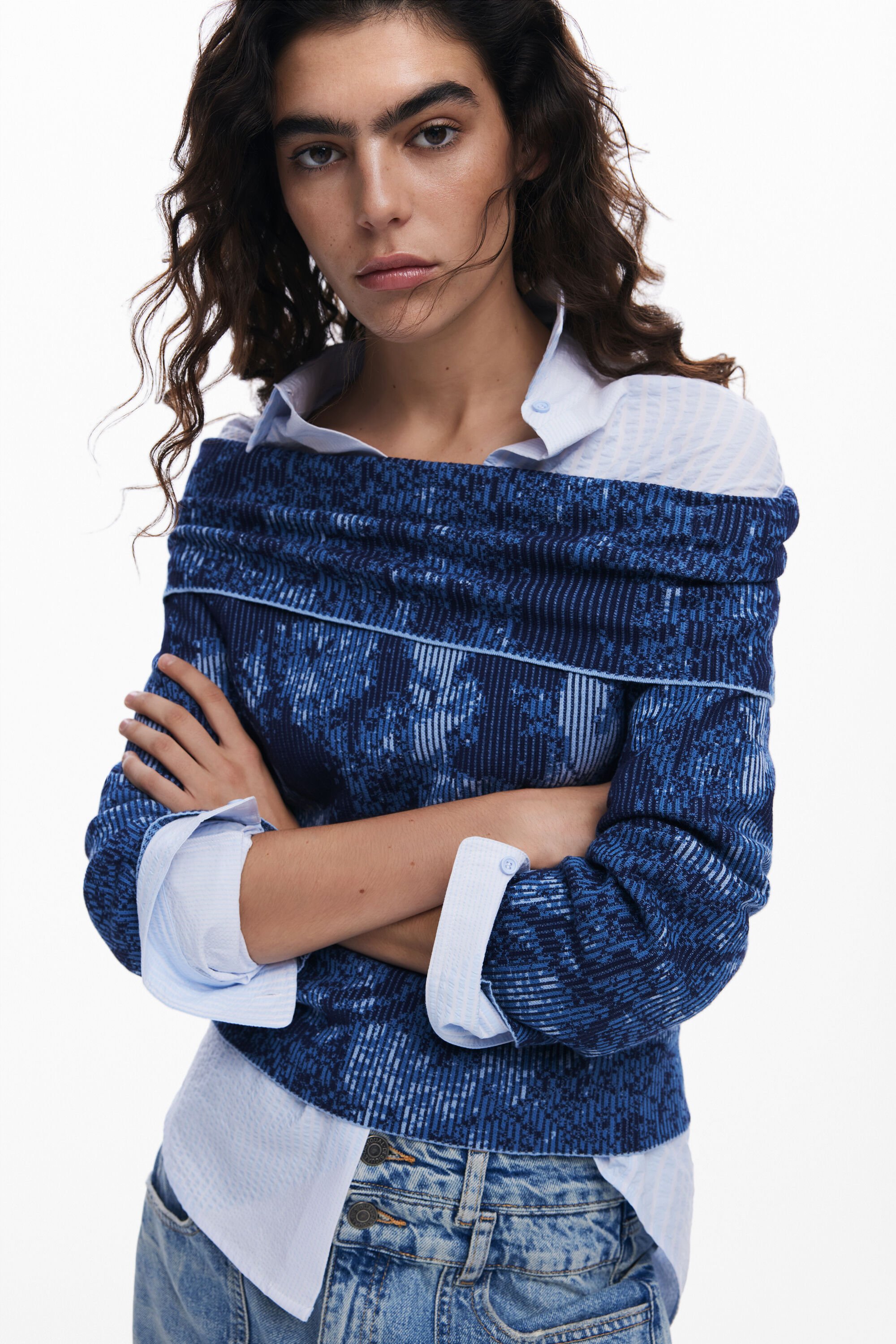 Desigual Off The Shoulder Sweater In Blue