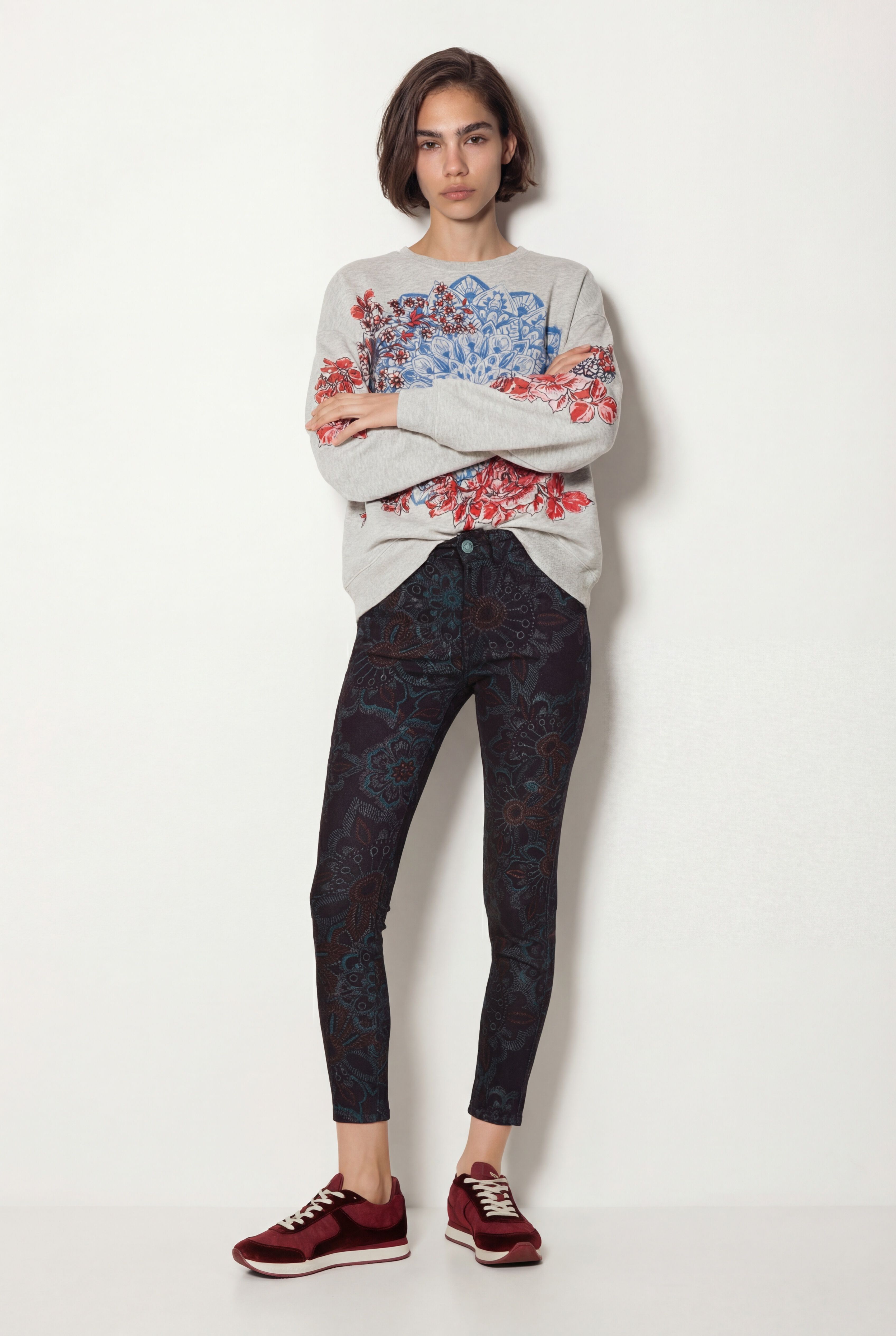 Desigual, Blumige Skinny Jeans, Baumwolle, Blau, 28