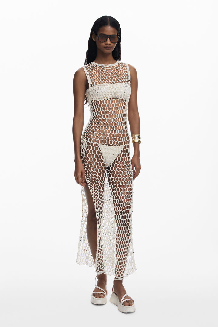 Wrap dress with net appliqués
