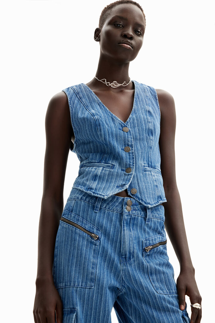 Chaleco denim de rayas con cierre de botón | Desigual