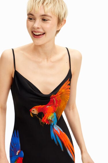 Tyler McGillivary Tropical parrot satin strappy dress | Desigual