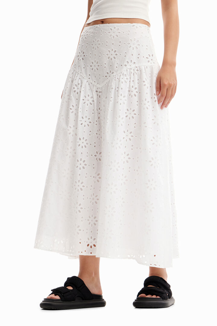 Falda midi bordado suizo | Desigual