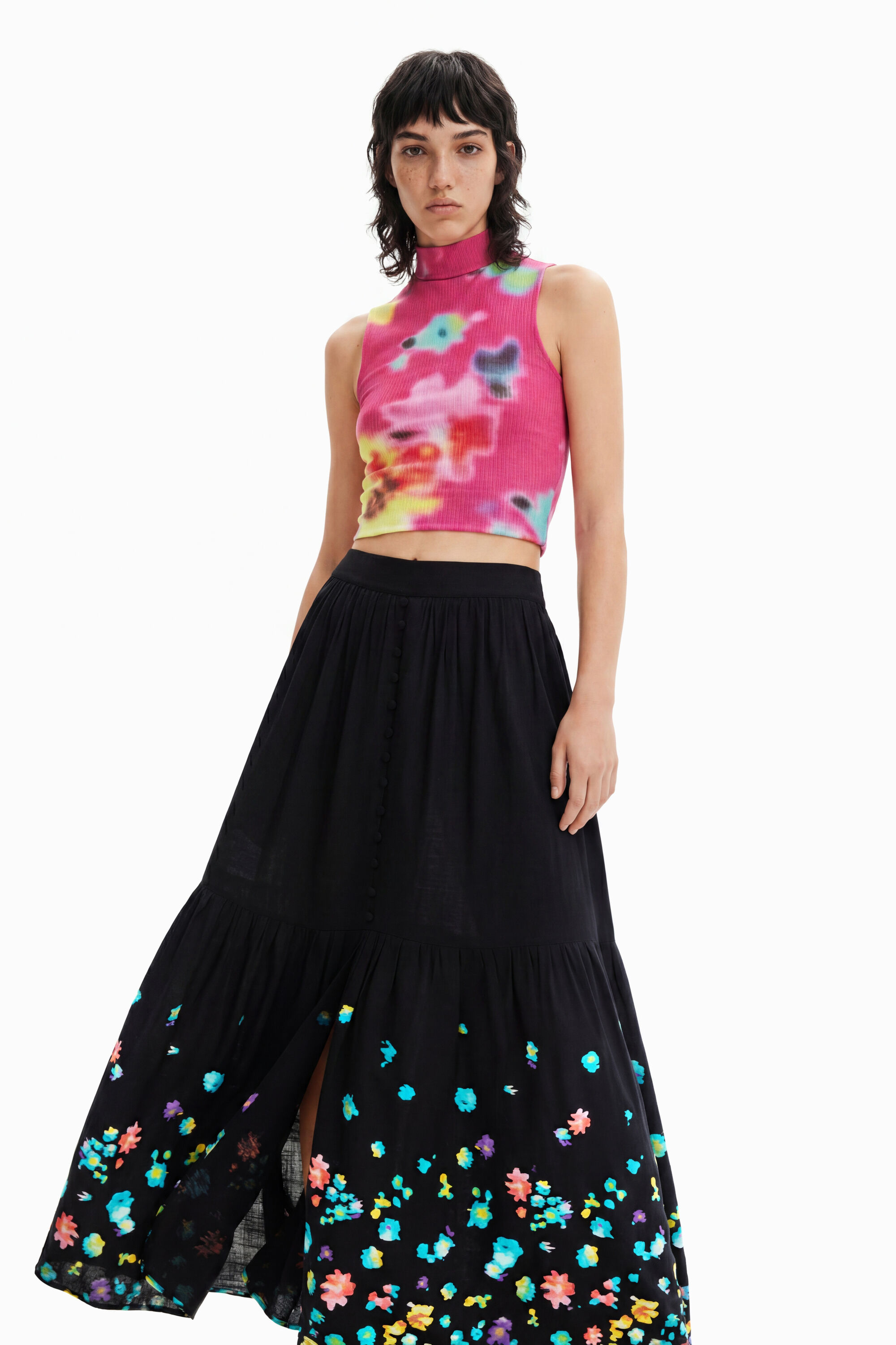 Desigual, Falda maxi flores, Viscosa, Negro