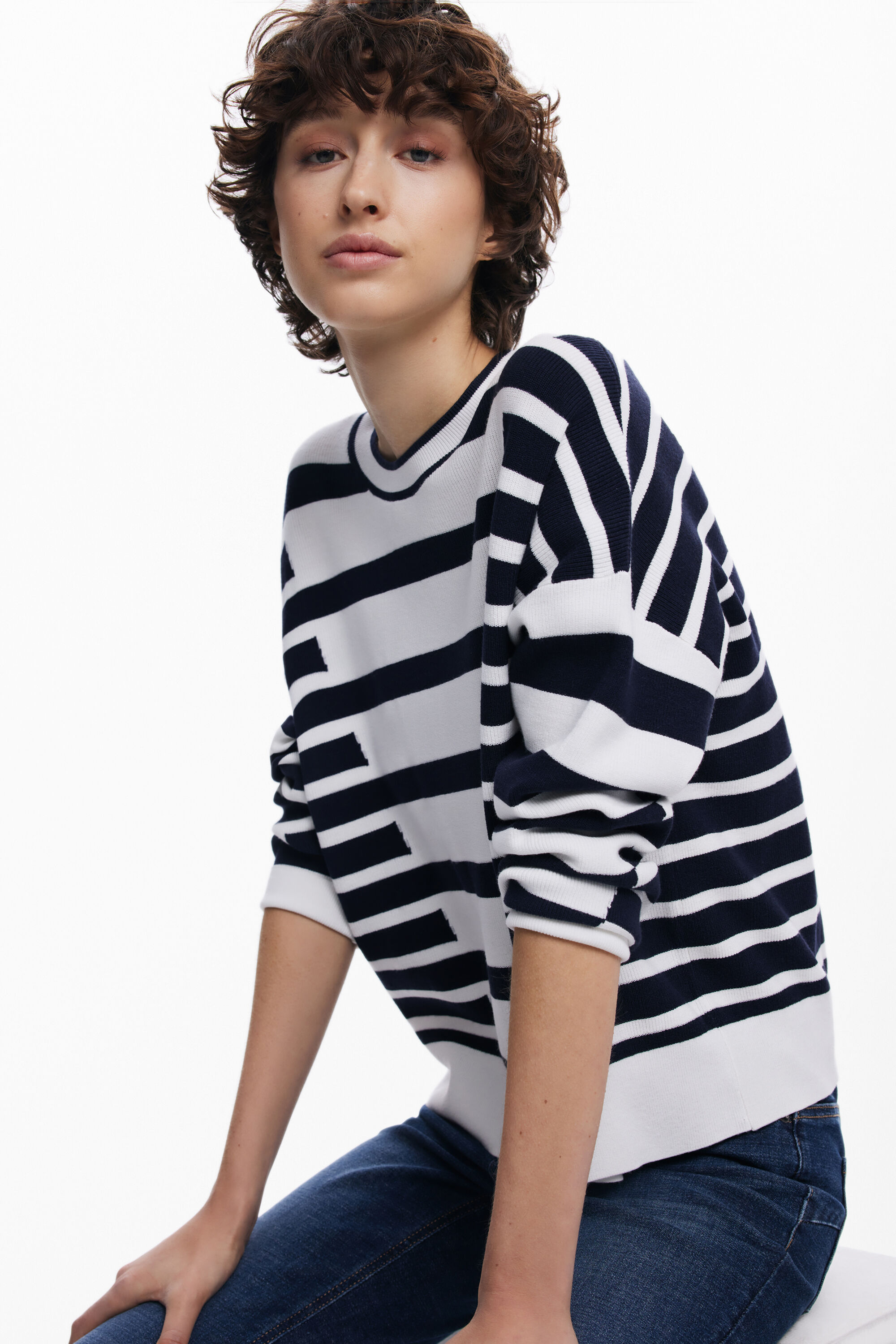 Desigual Asymmetric Stripe Sweatshirt In White