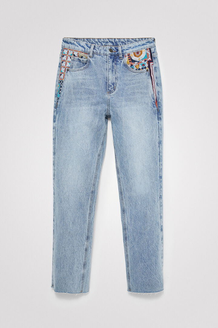 Straight cropped motif jeans