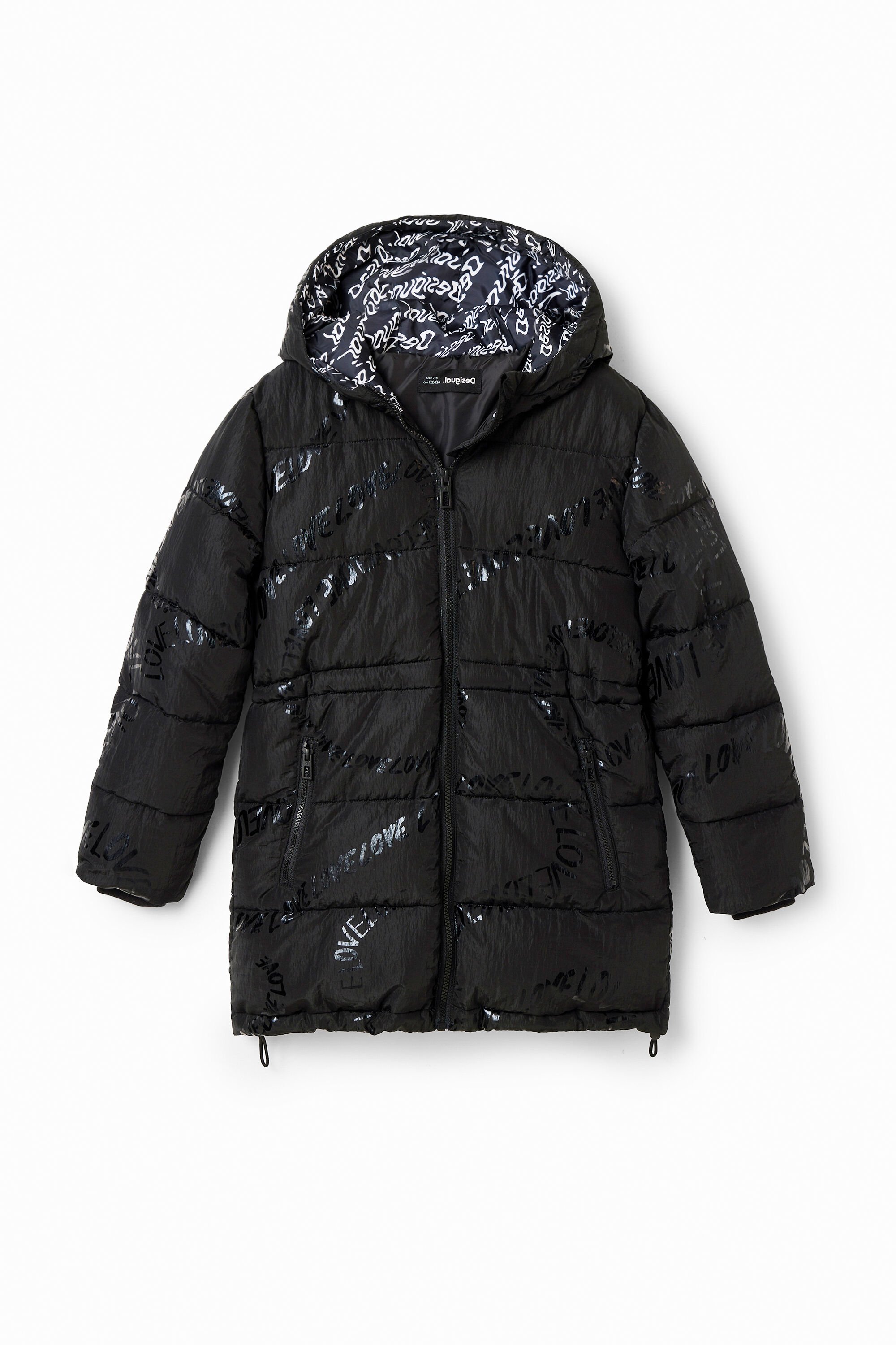 Long padded coat with text Desigual