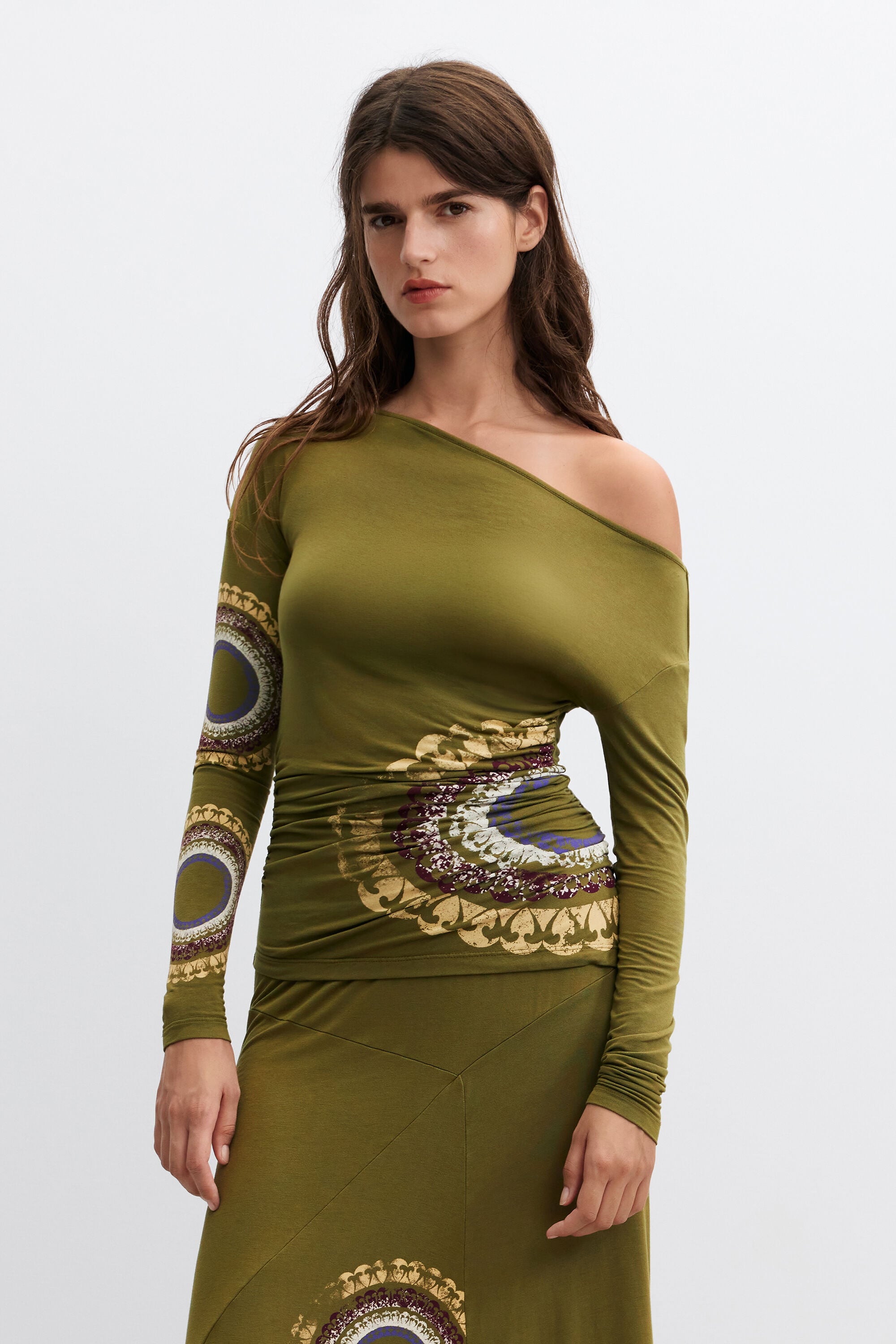 Desigual, camiseta estampada manga larga, Mujer, Viscosa, Verde,