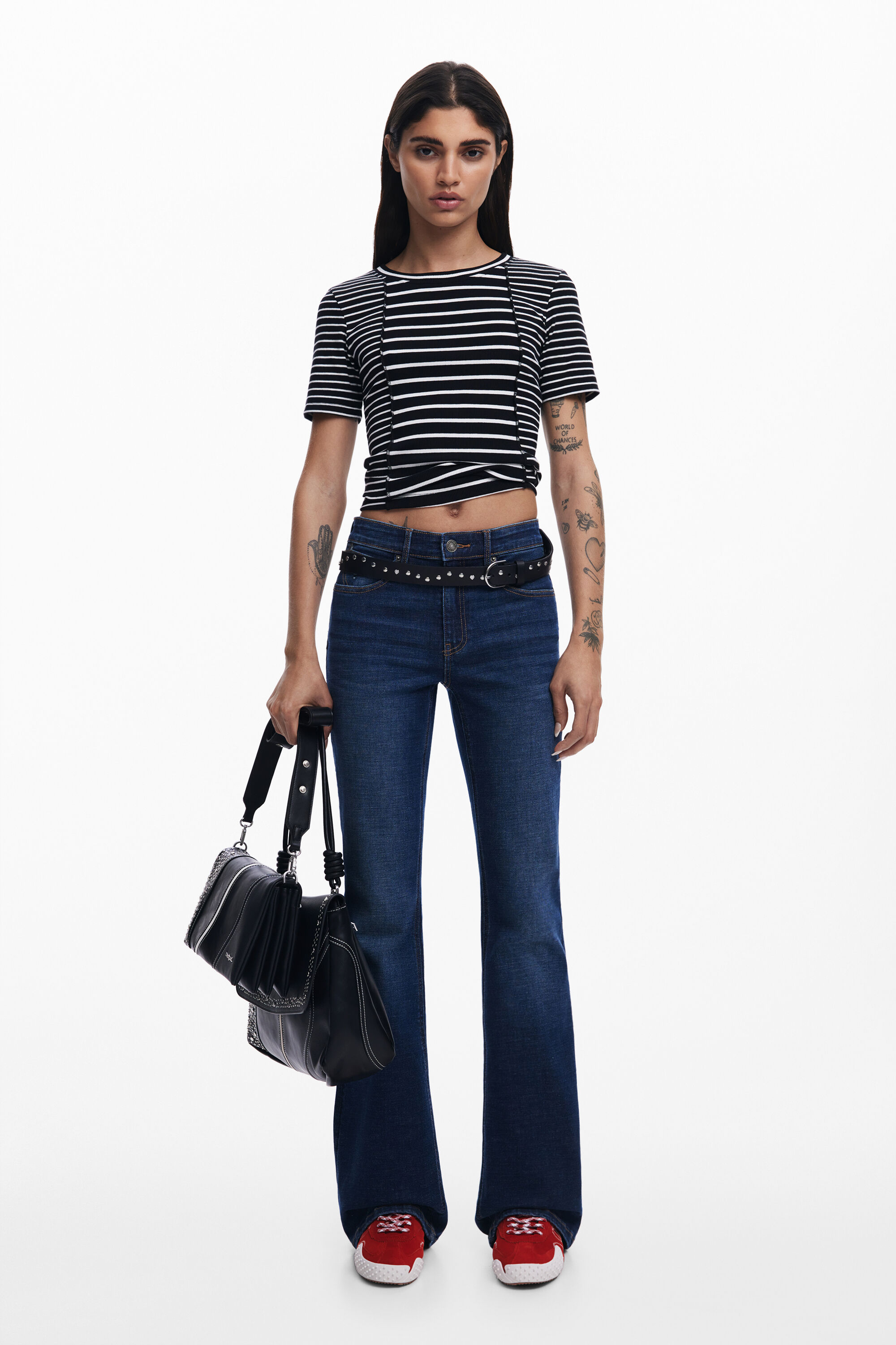 Desigual Stripe Cotton Rib Knit T-shirt In Black