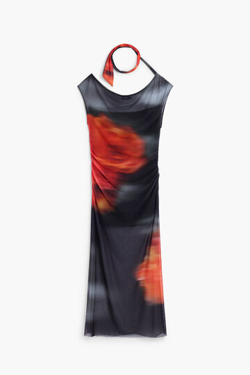 Draped dress with irregular neckline and flower | Desigual