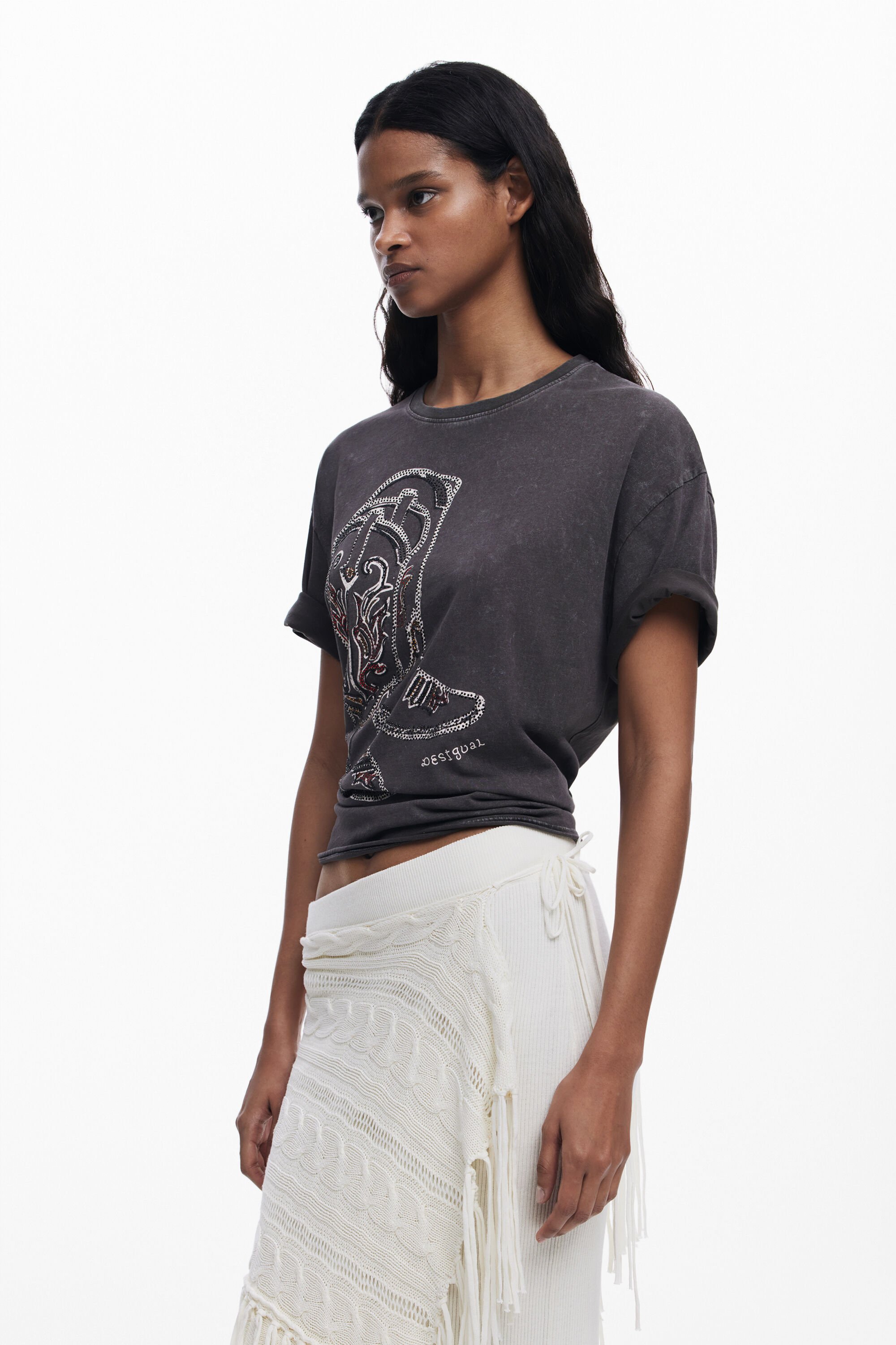 Desigual Mixed Stitch Fringe Maxi Skirt In Material Finishes