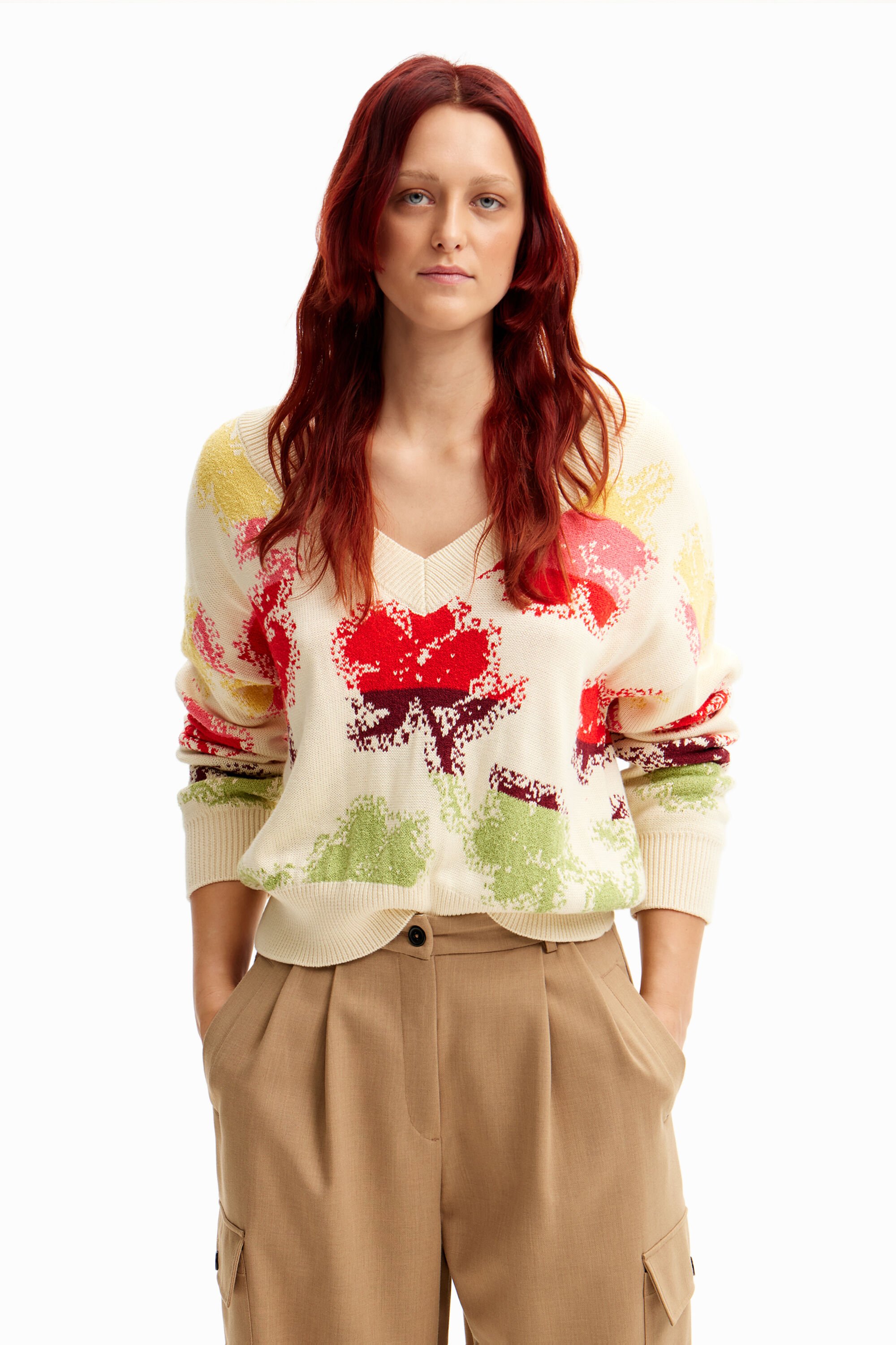 Oversize floral pullover - WHITE - S