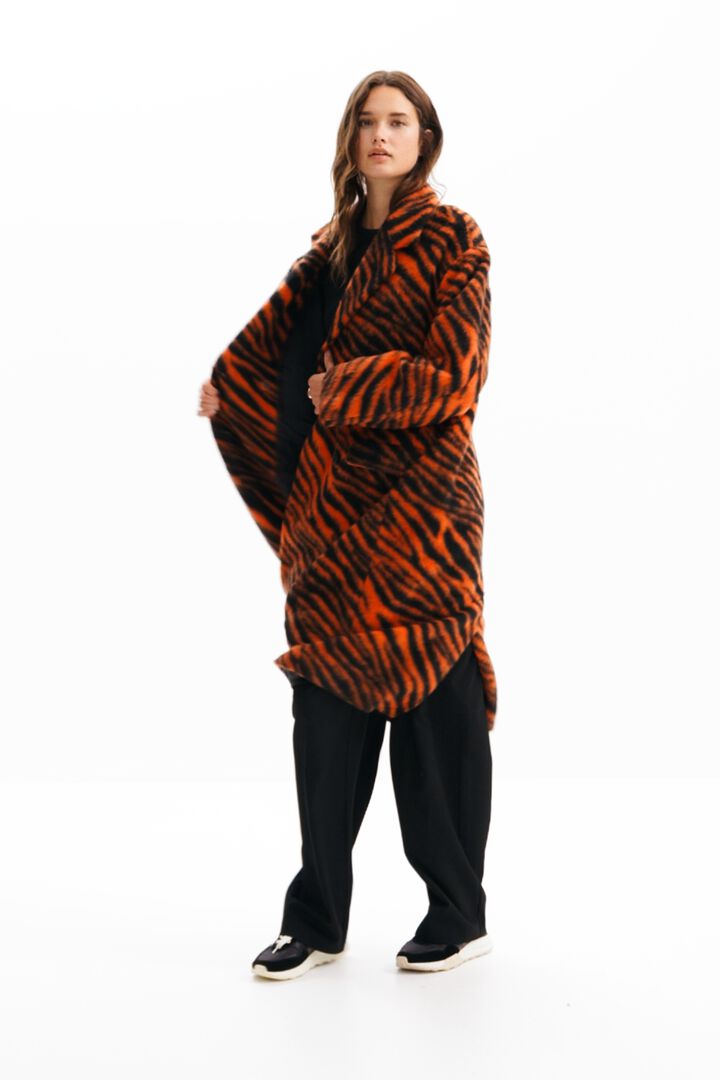 Long tiger print wool coat | Desigual