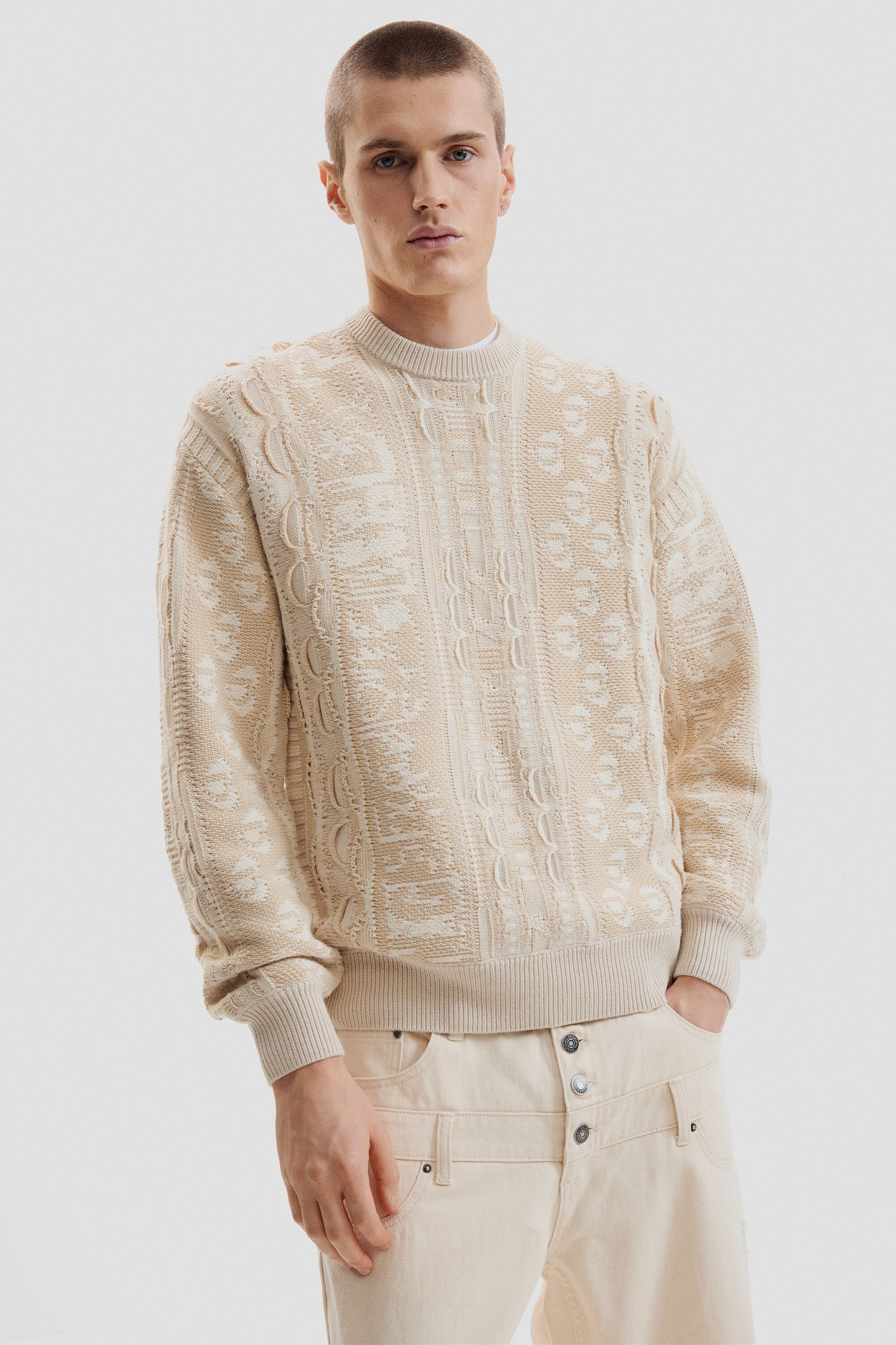 Desigual, RUNDHALS-STRICKPULLOVER, Herren, Weiß, L