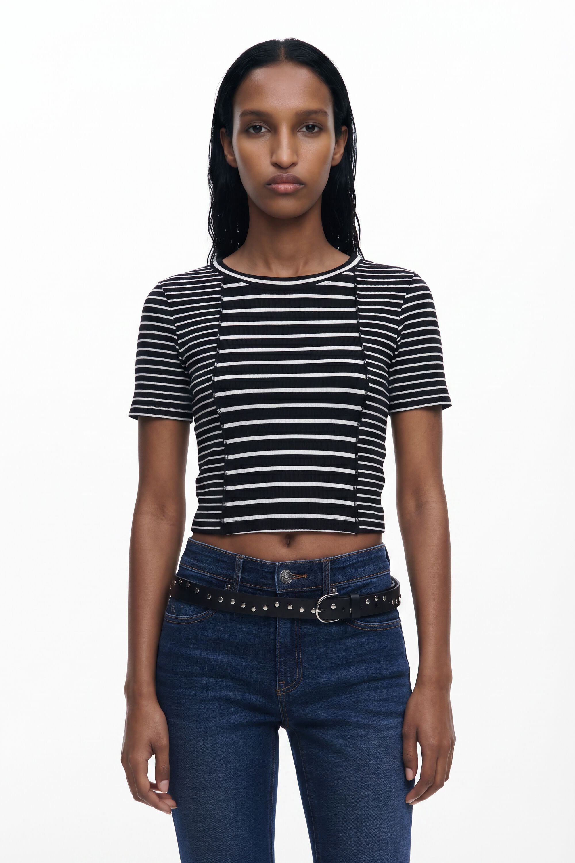 Desigual Donna Nero Maglietta A Righe A Maniche Corte, Cotone, L