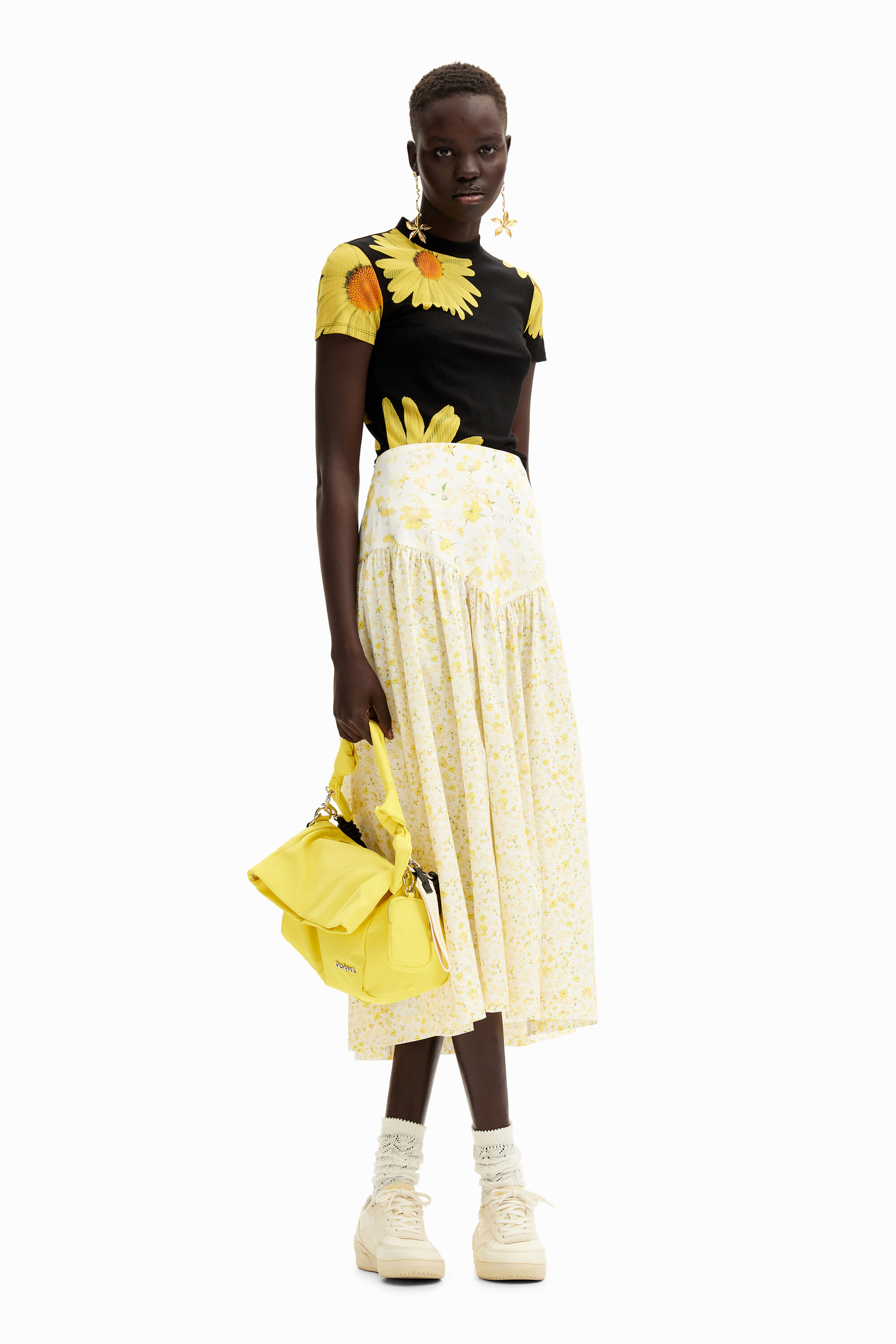 Shop Desigual Floral Ruffle Midi Skirt In Yellow