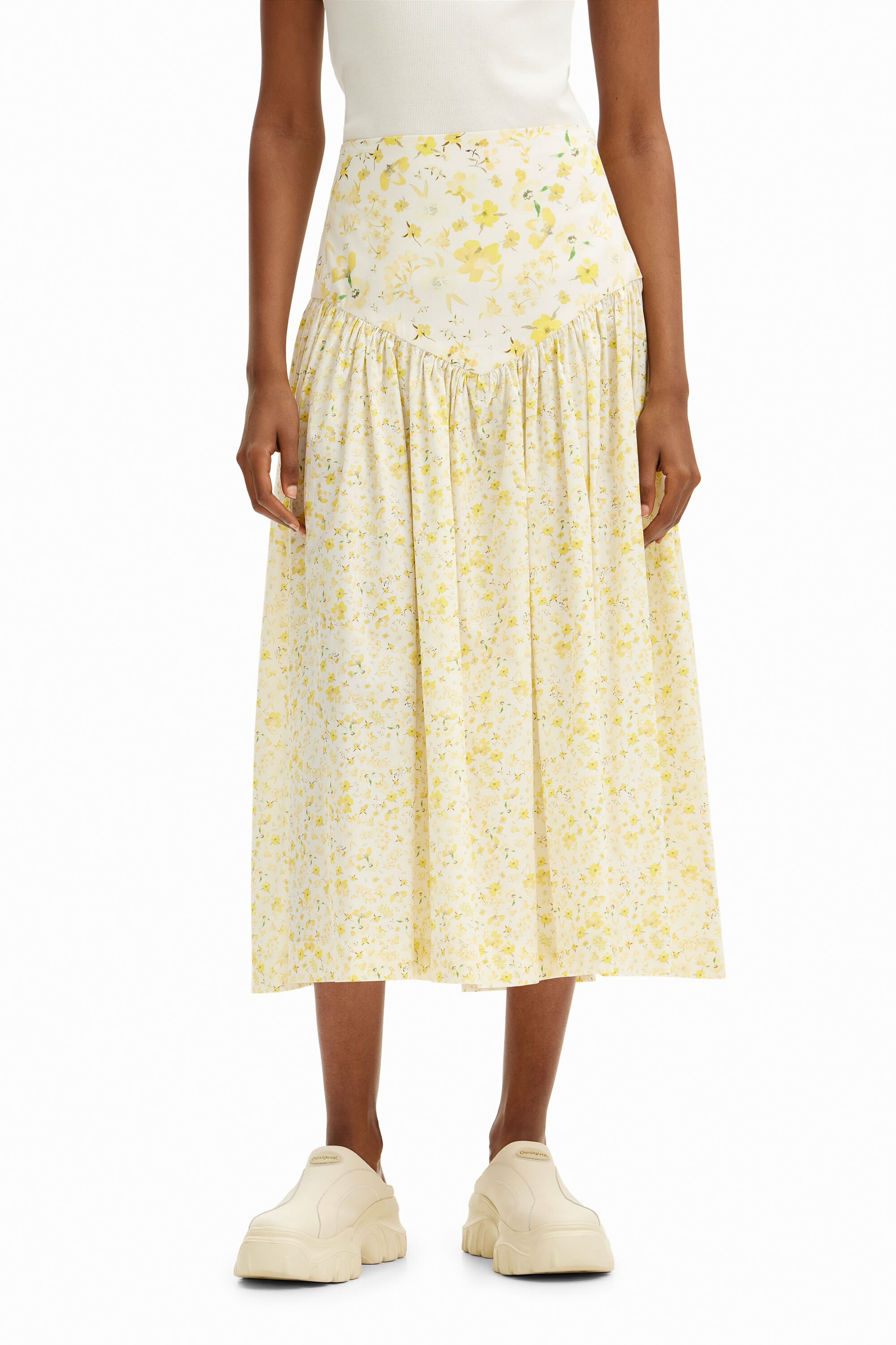 Shop Desigual Floral Ruffle Midi Skirt In Yellow