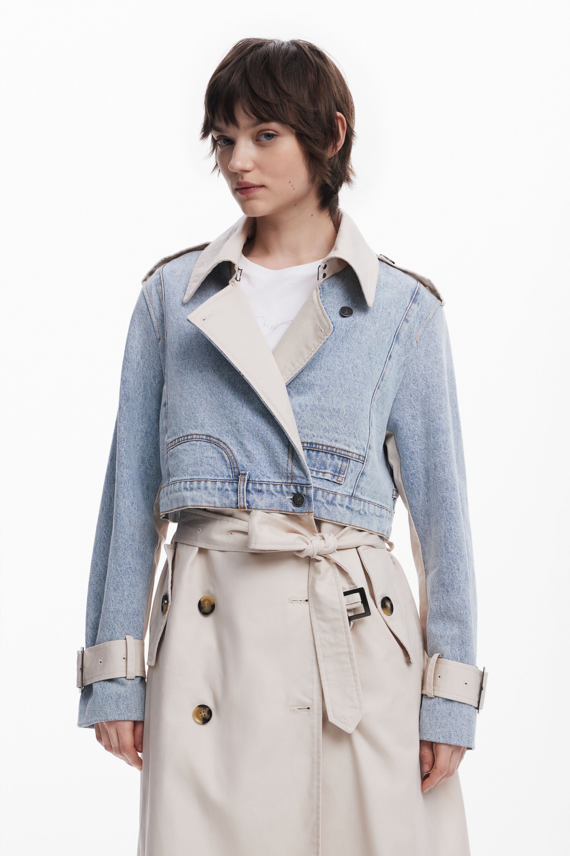 Desigual Mixed Media Trench Coat In White