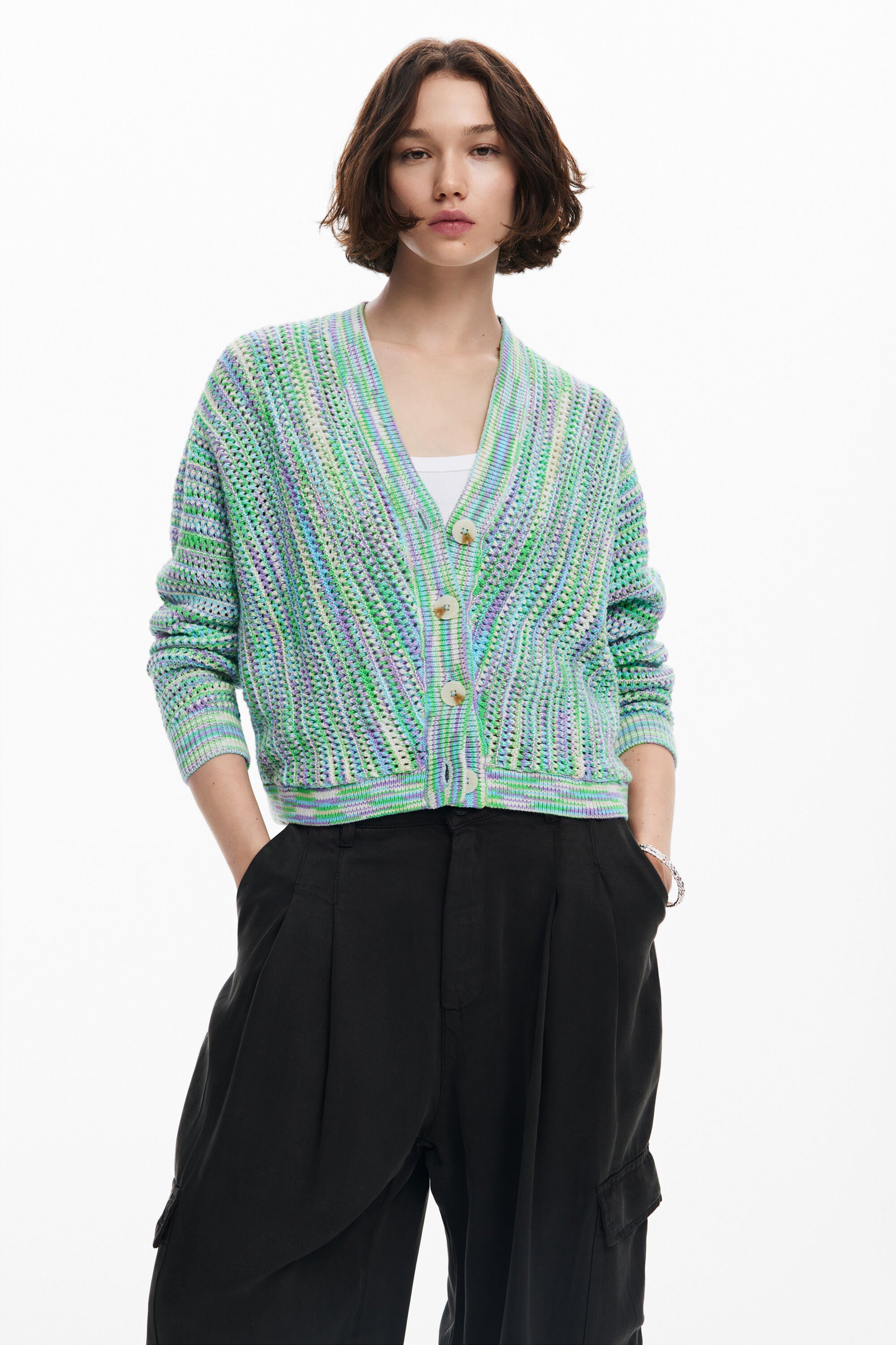 Desigual Women s Multicolored Printed Cardigan Green Cardigans