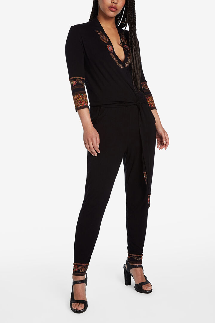 Black jumpsuit with ethnic frieze pattern details | Desigual