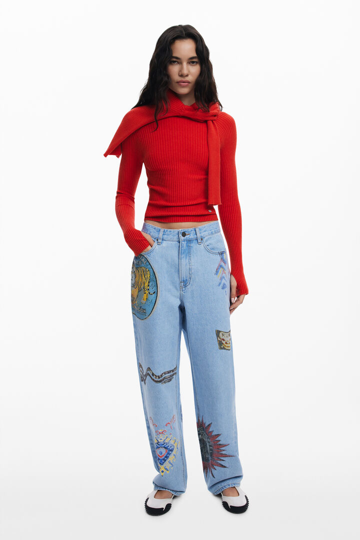 Jeans hlače z našitki na denimu