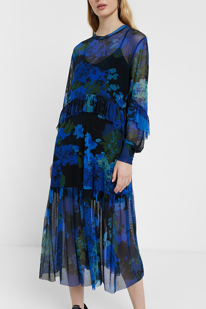 Midi dress of gauze with floral camouflage