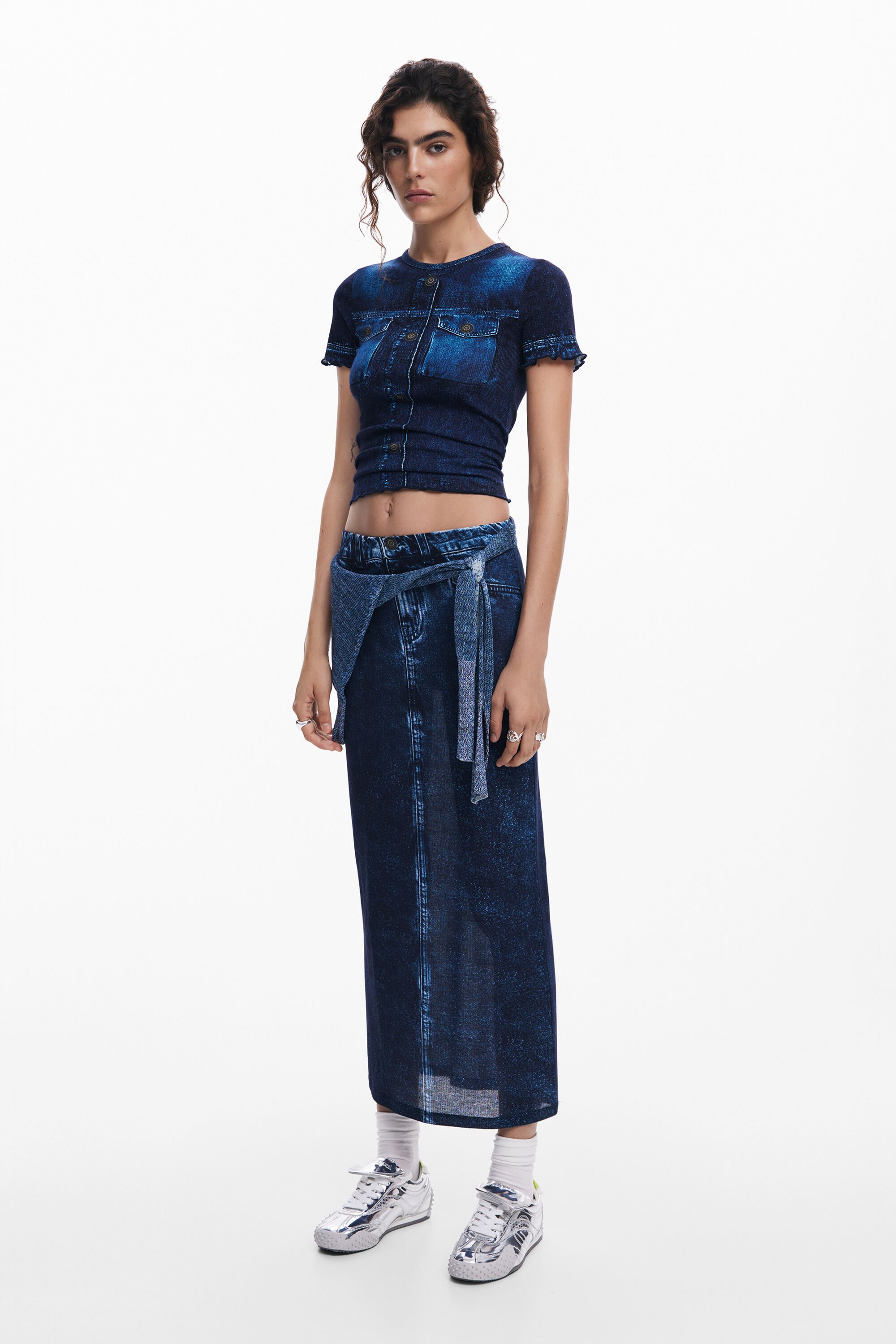 Desigual Long Denim Skirt In Blue