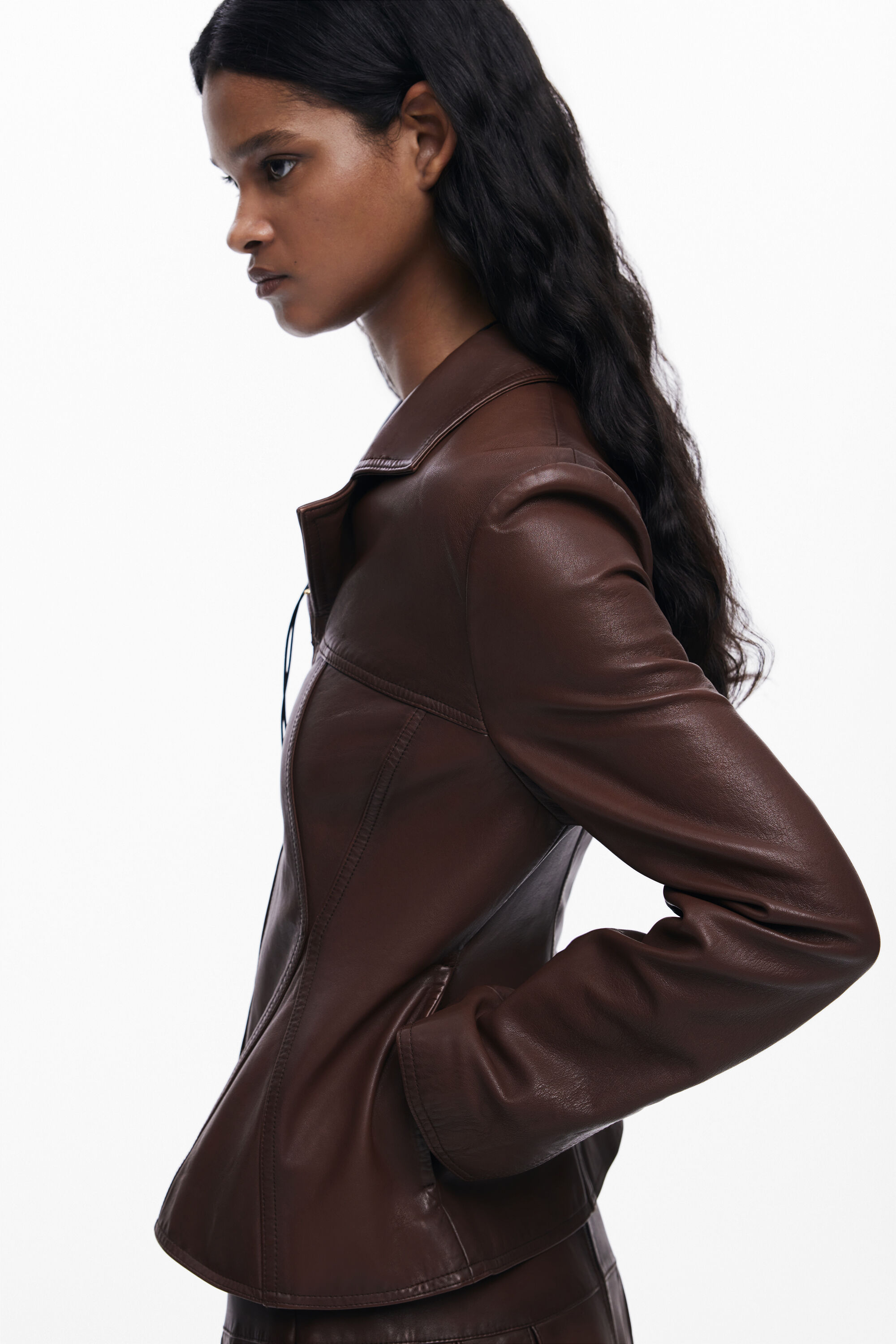 Desigual Peplum Leather Biker Jacket In Brown
