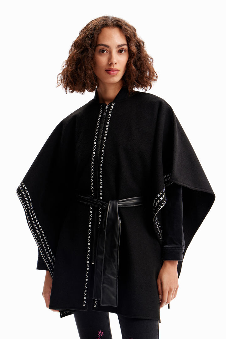 Embroidered belted poncho
