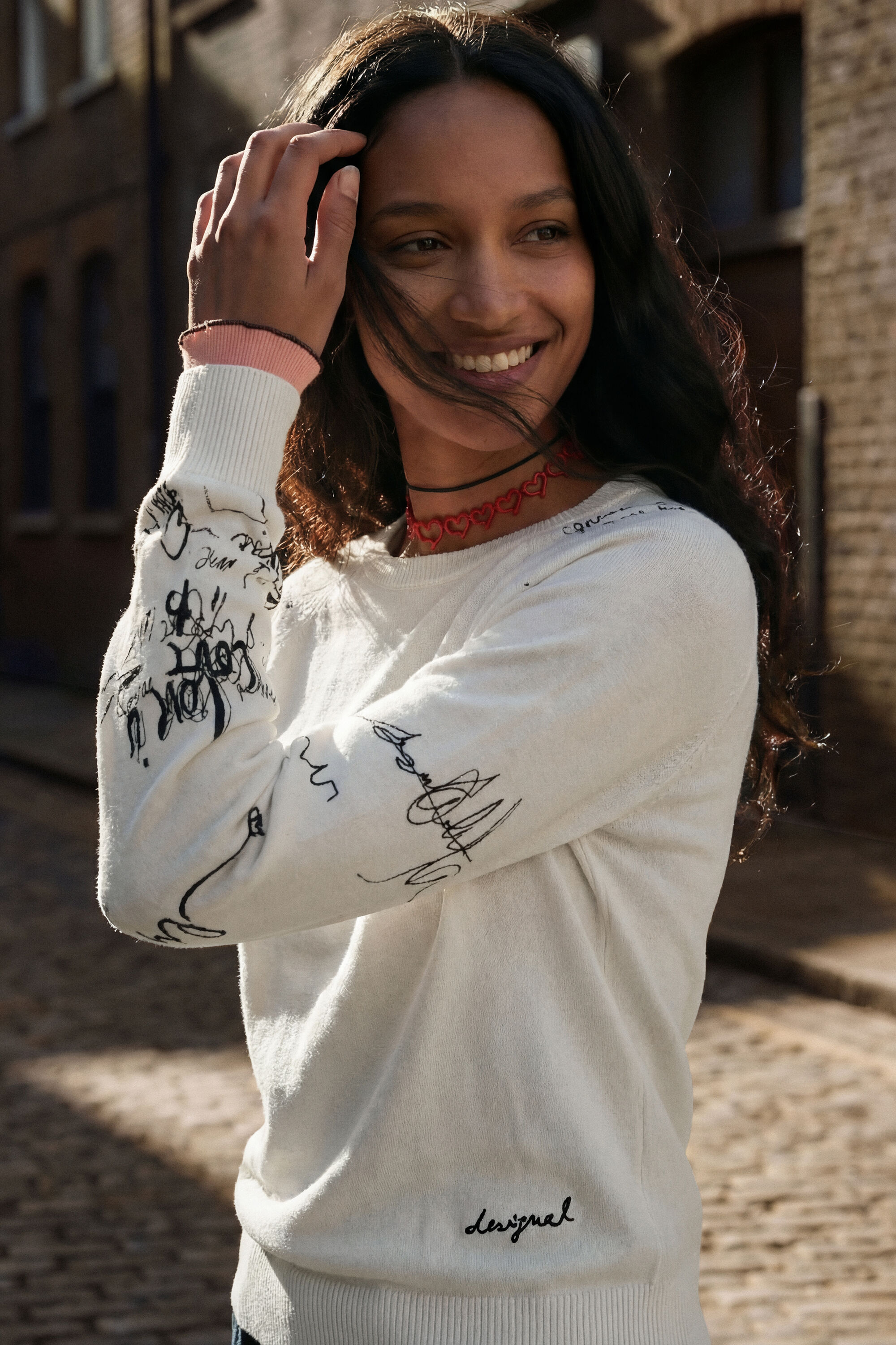 Desigual, Pullover mit letteringärmeln, Damen, Weiß, XL