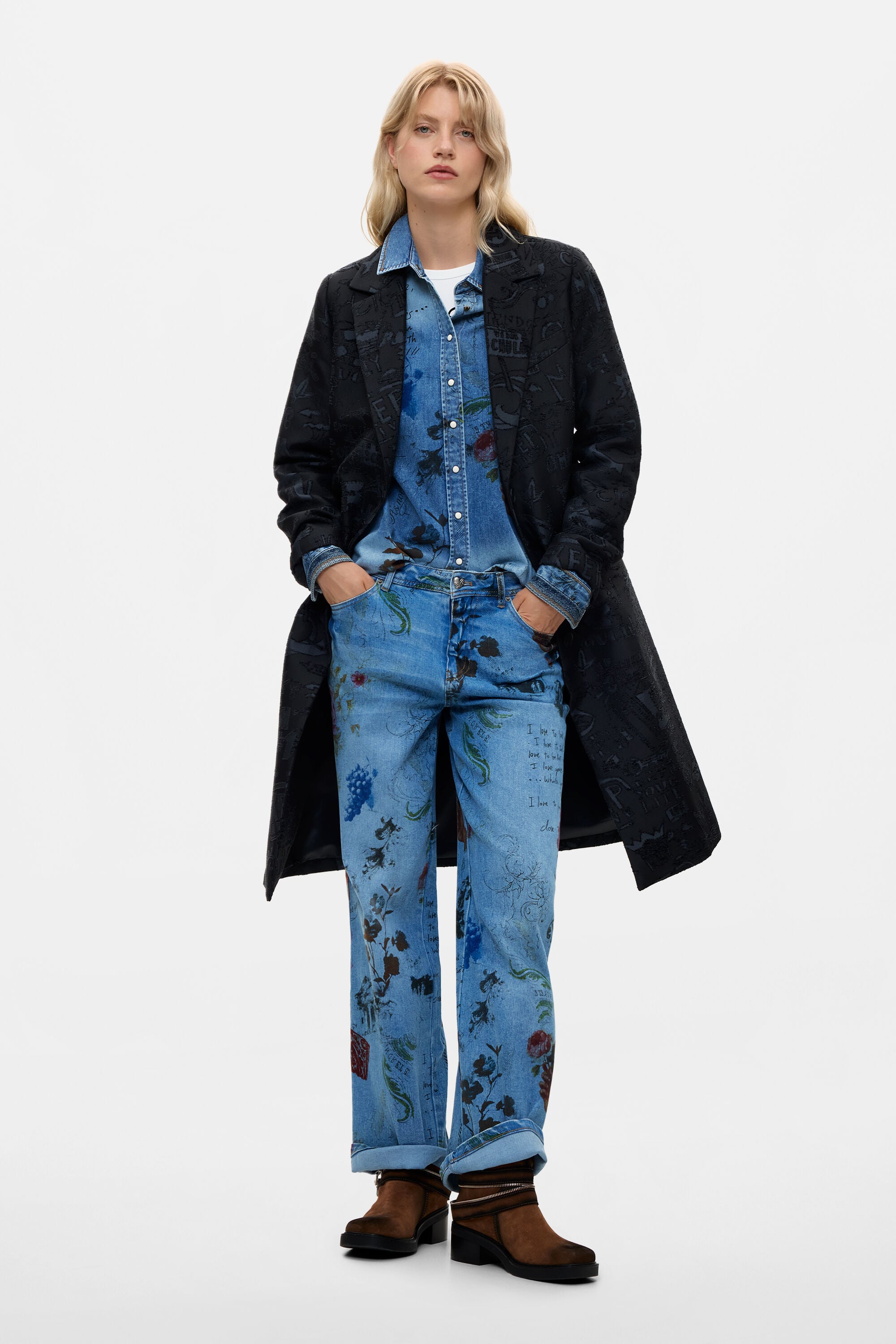 Abrigo recto jacquard, Mujer, Poliester, Negro,