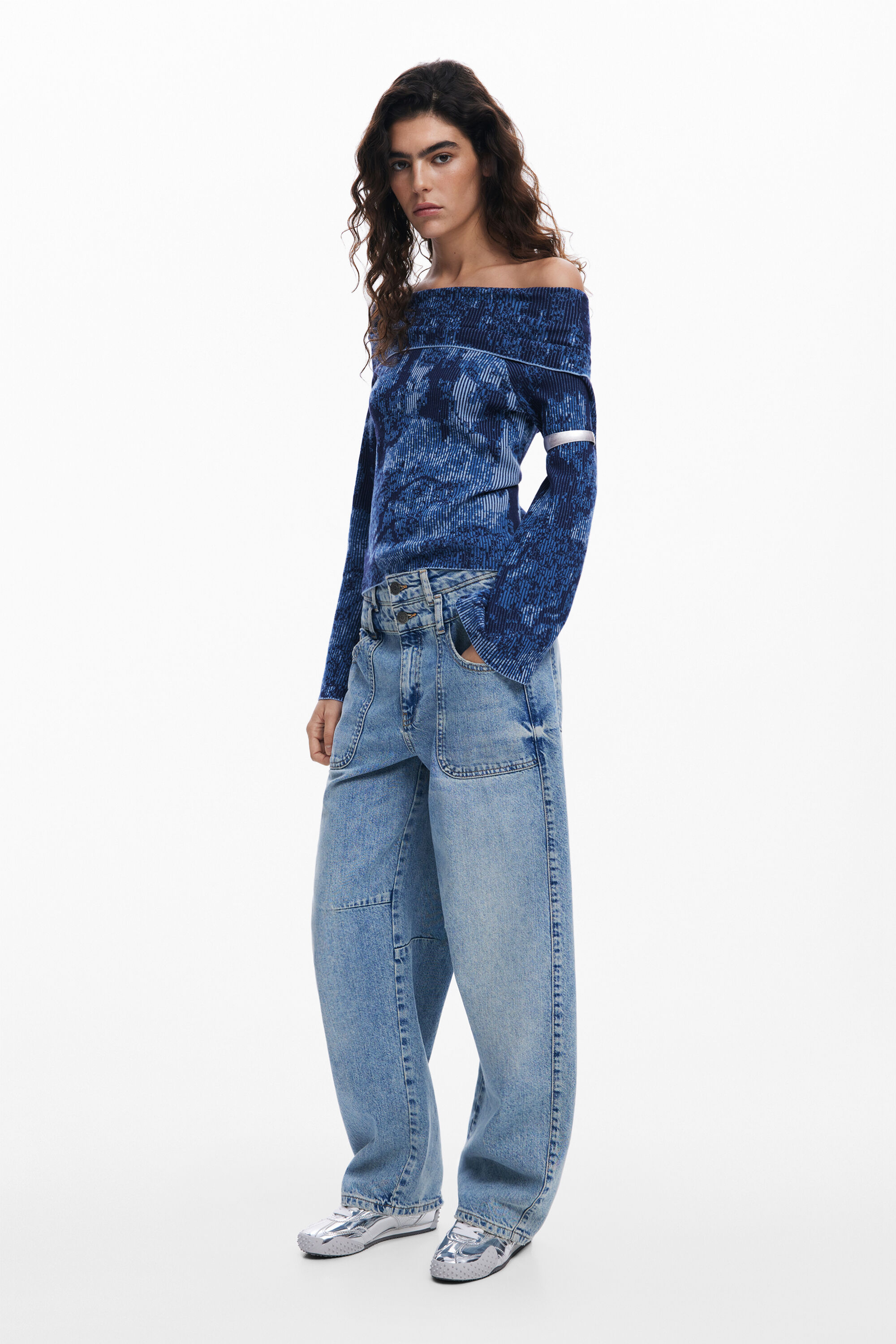 Desigual Off The Shoulder Sweater In Blue
