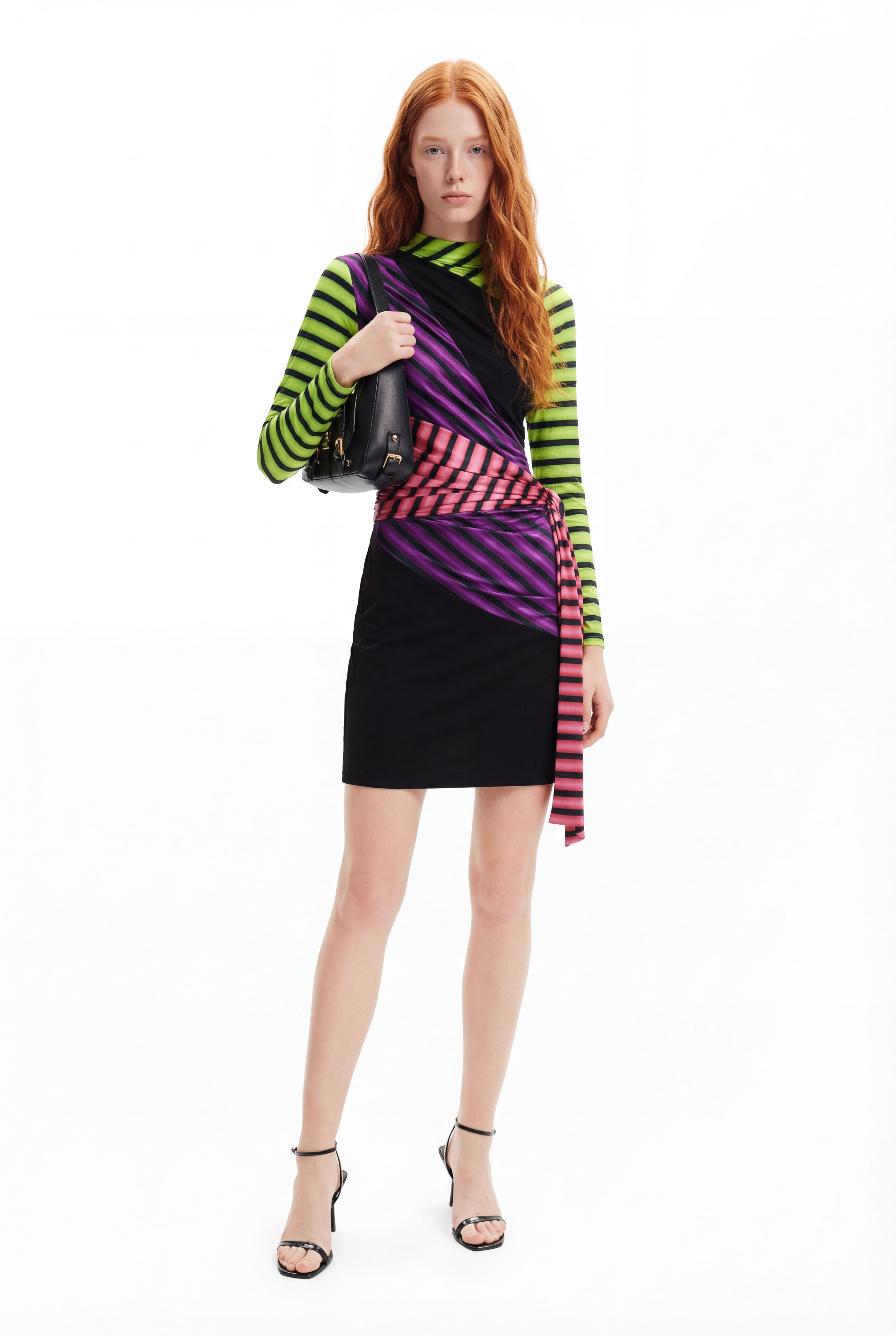 Desigual, Kurzes Kleid Streifen María Escoté, Damen, Azetat, Schwarz, S