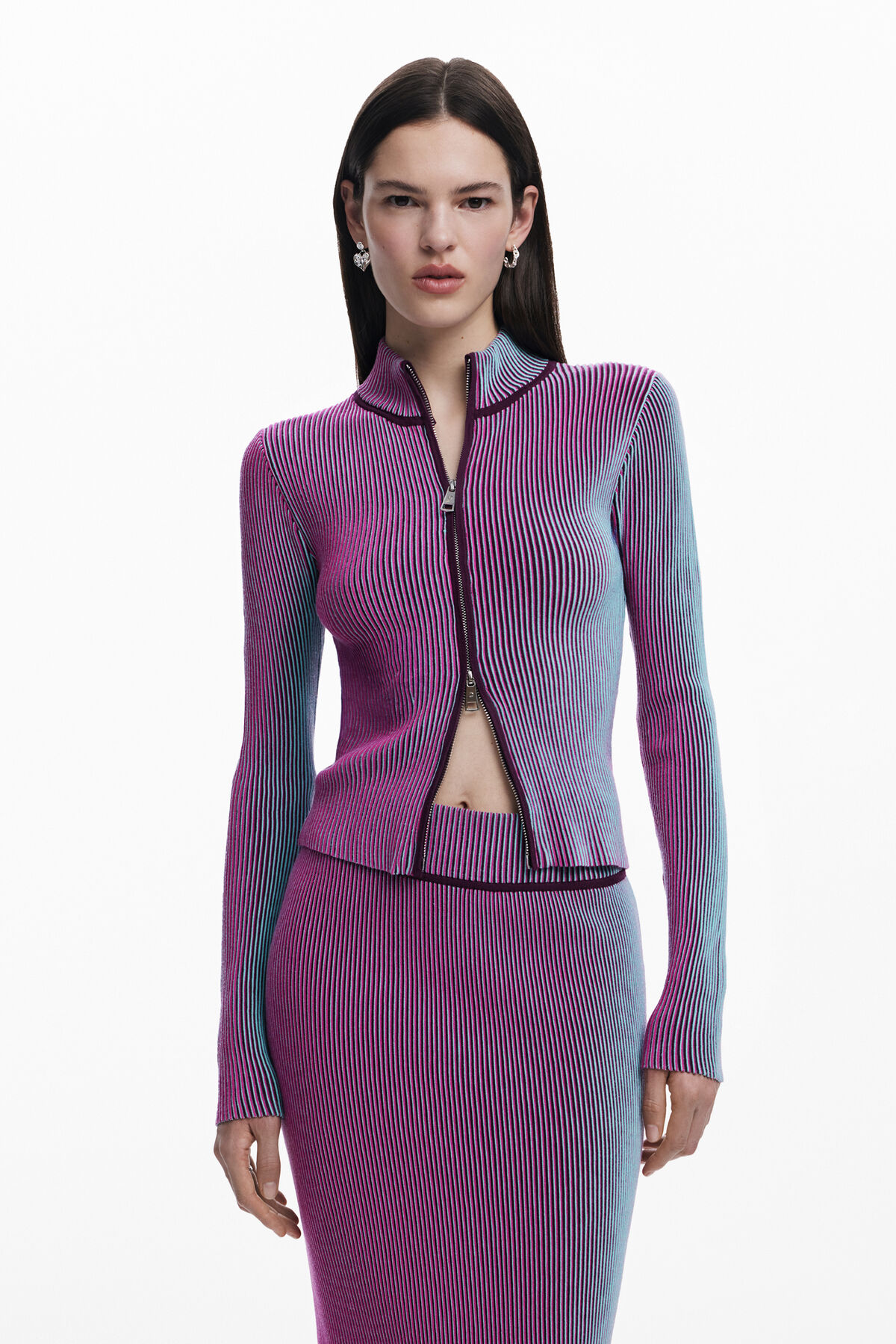 Vertical striped zipper cardigan