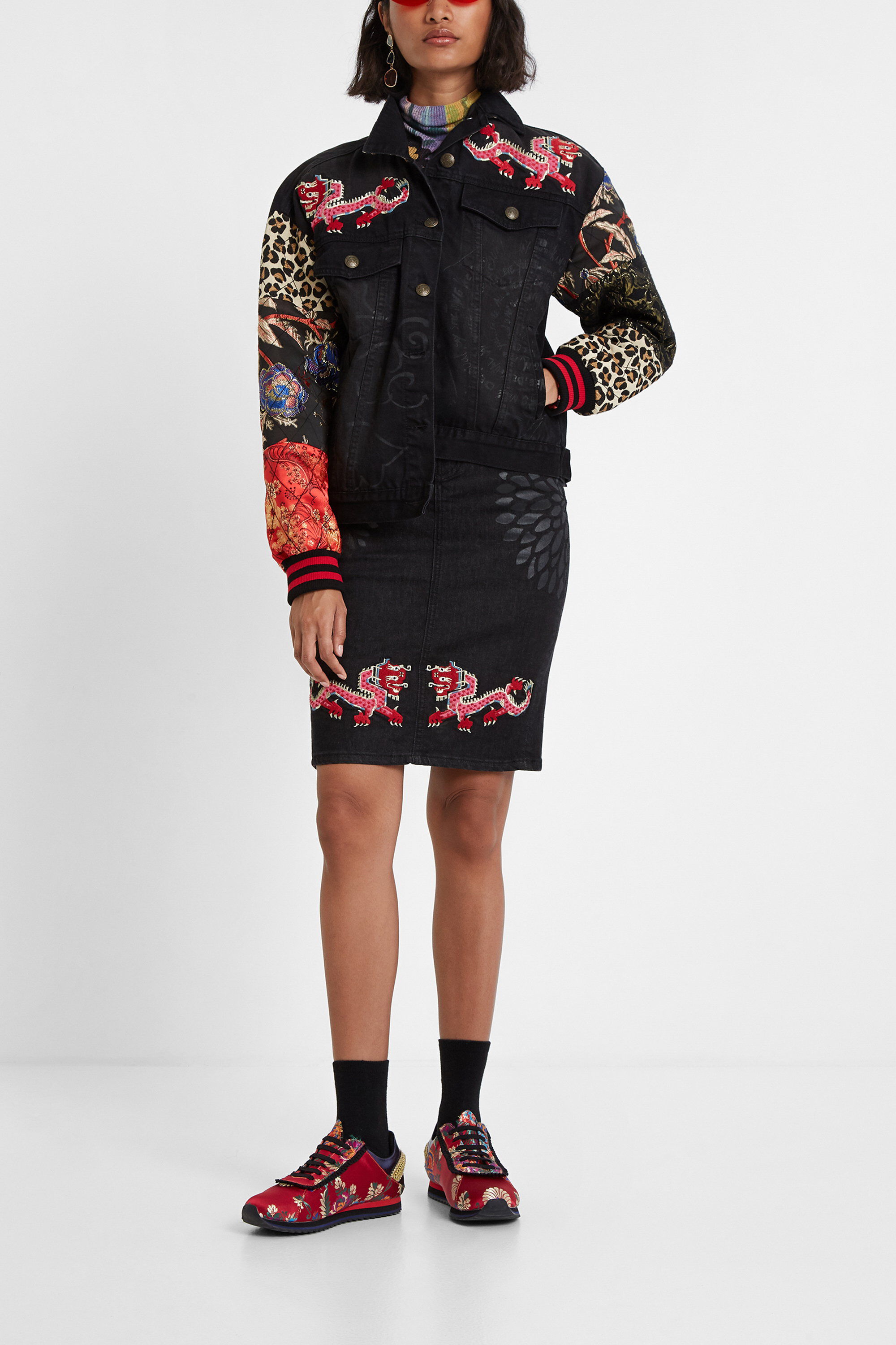 Veste trucker en denim à manches patchwork - BLUE - L