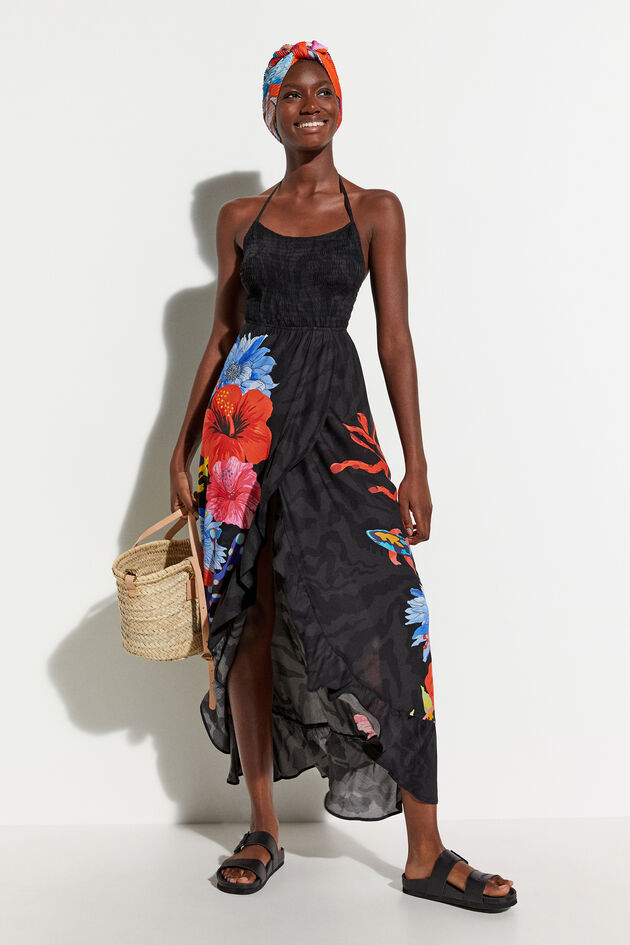 Sukienka maxi ze zrównoważonej tkaniny, z dekoltem