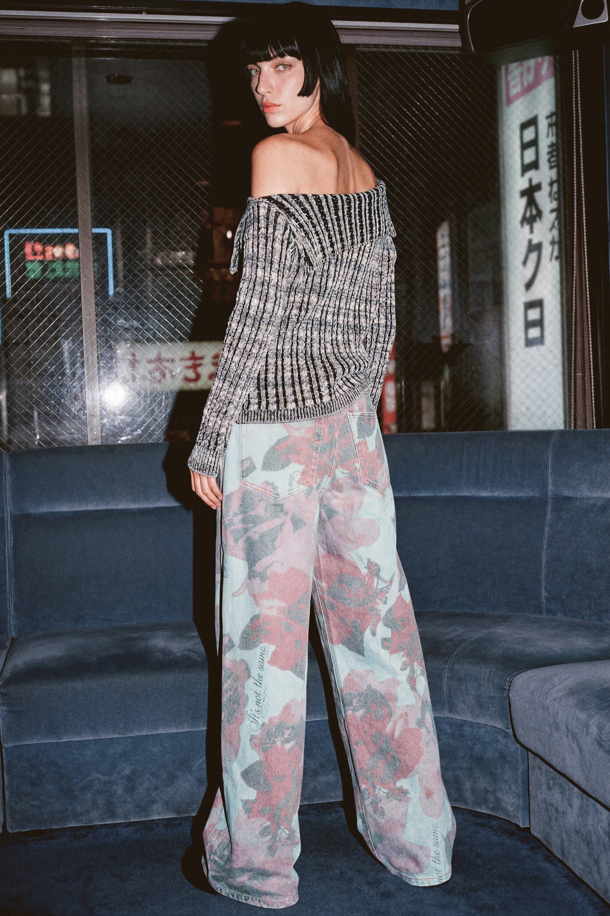 Pantalón Vaquero Estampado Wide Leg, Mujer, Algodon, Azul,