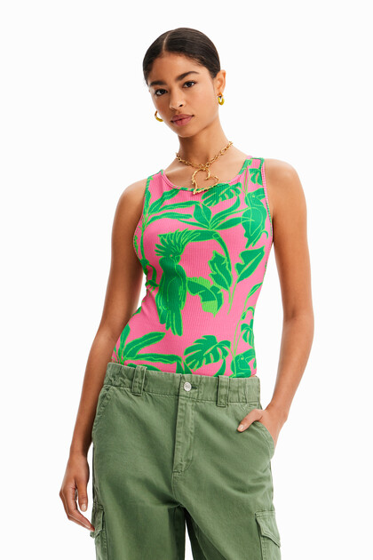 Ribbed tropical bodysuit with straps