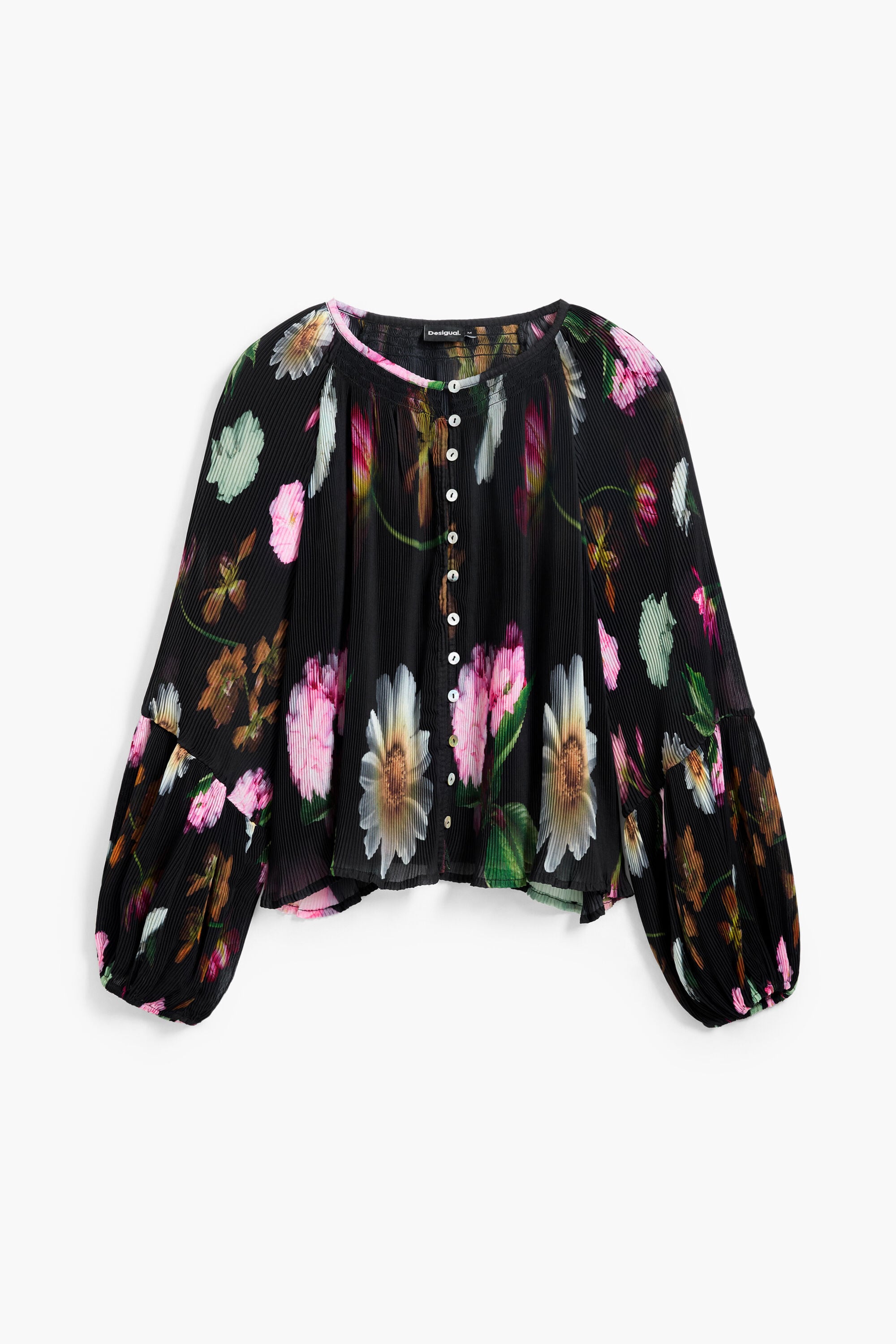 Desigual, Blusa flores, Poliester, Negro