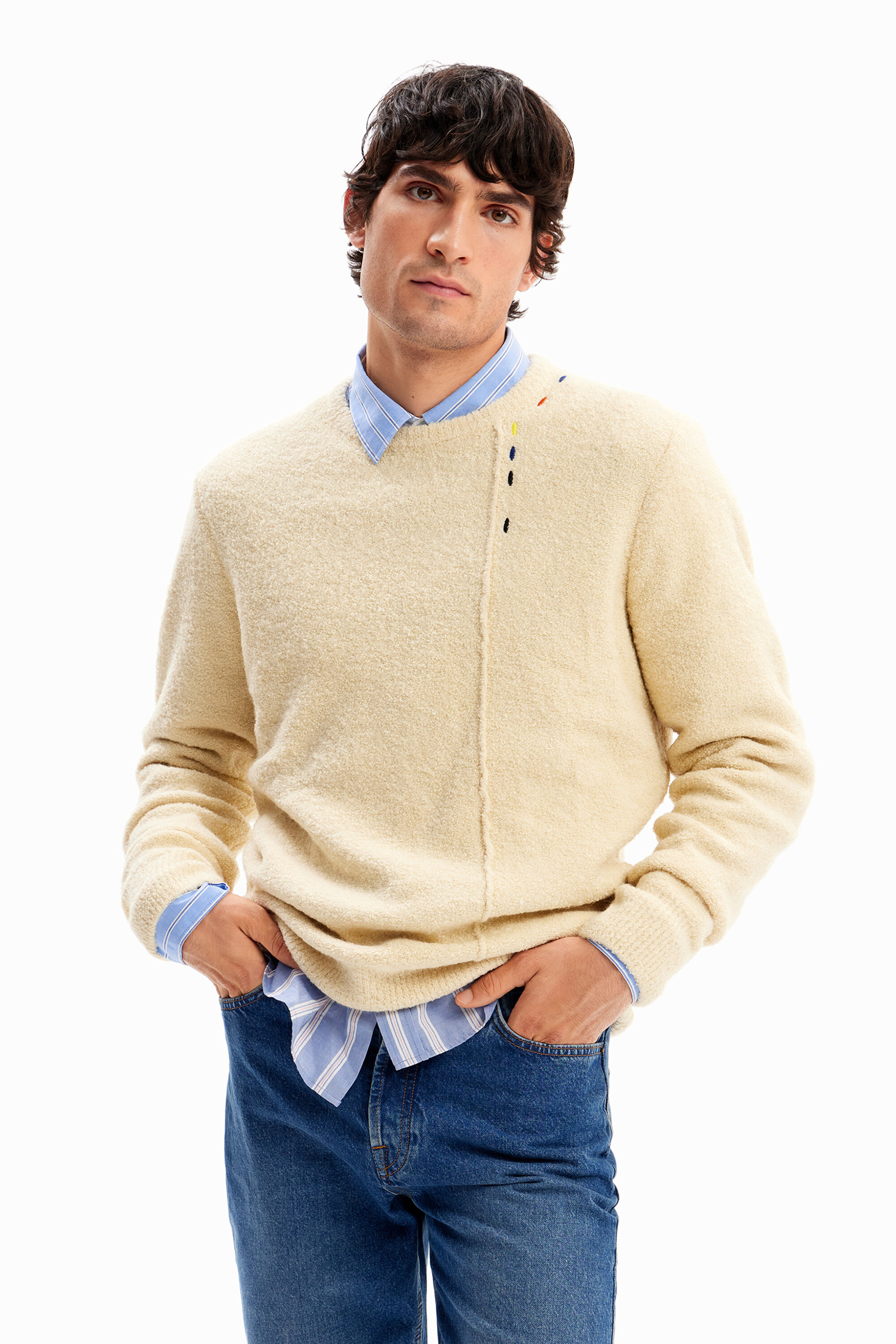 Embroidered wool pullover - WHITE - S