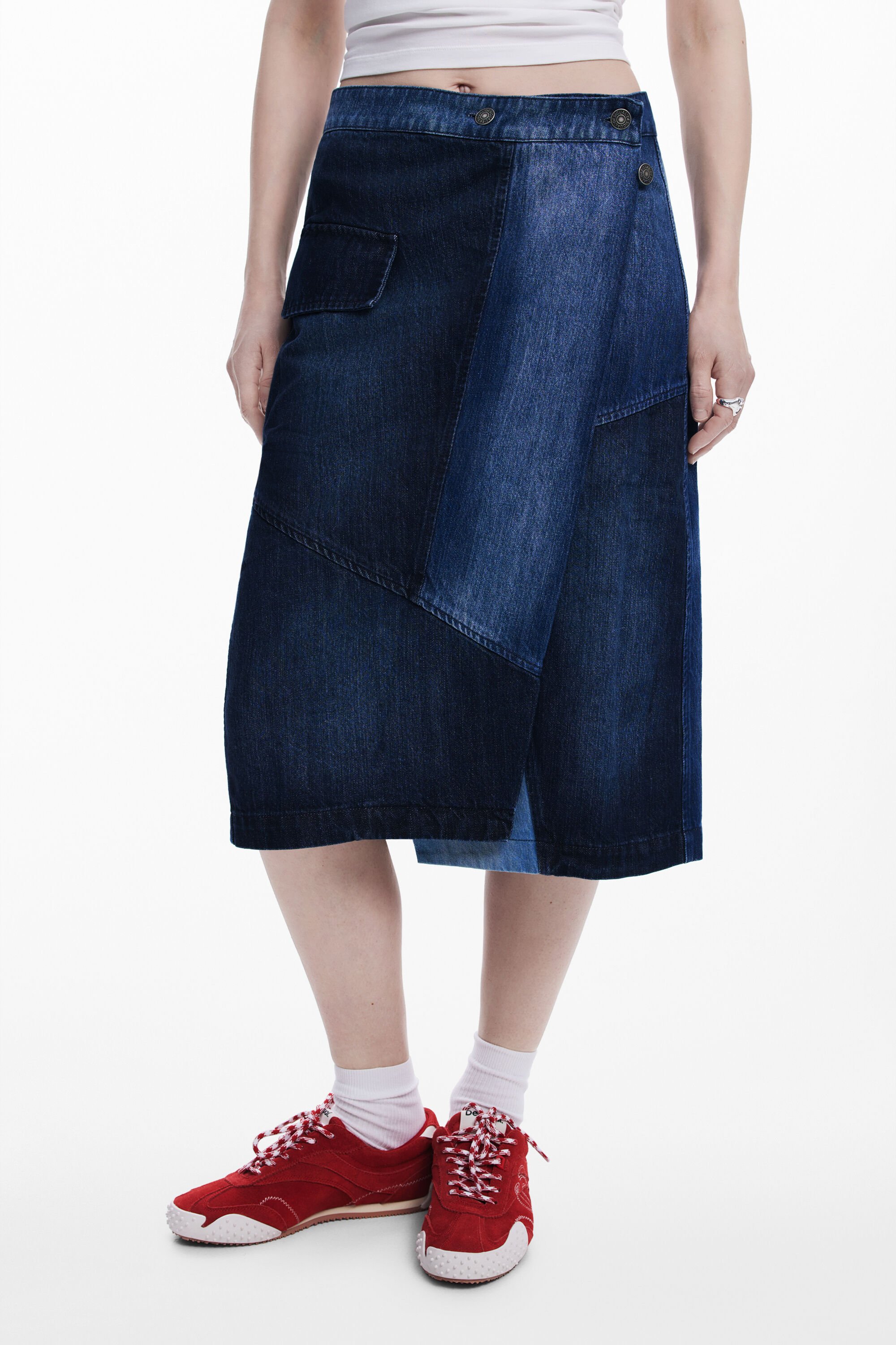 Desigual Crossed Denim Midi Skirt In Blue