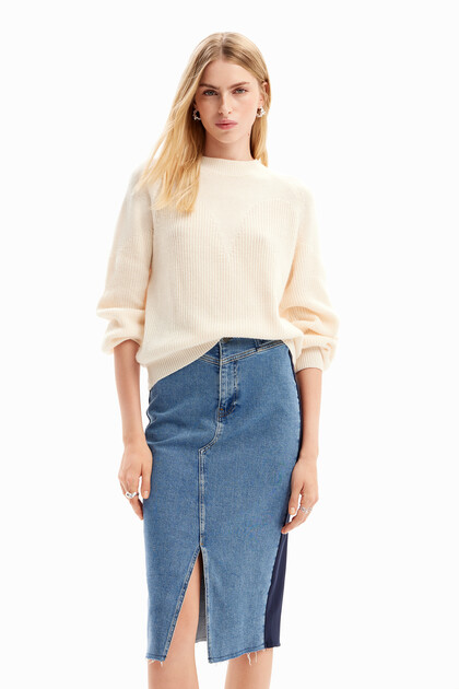 Banded denim midi skirt