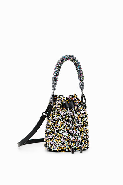 Small sequinned bucket bag