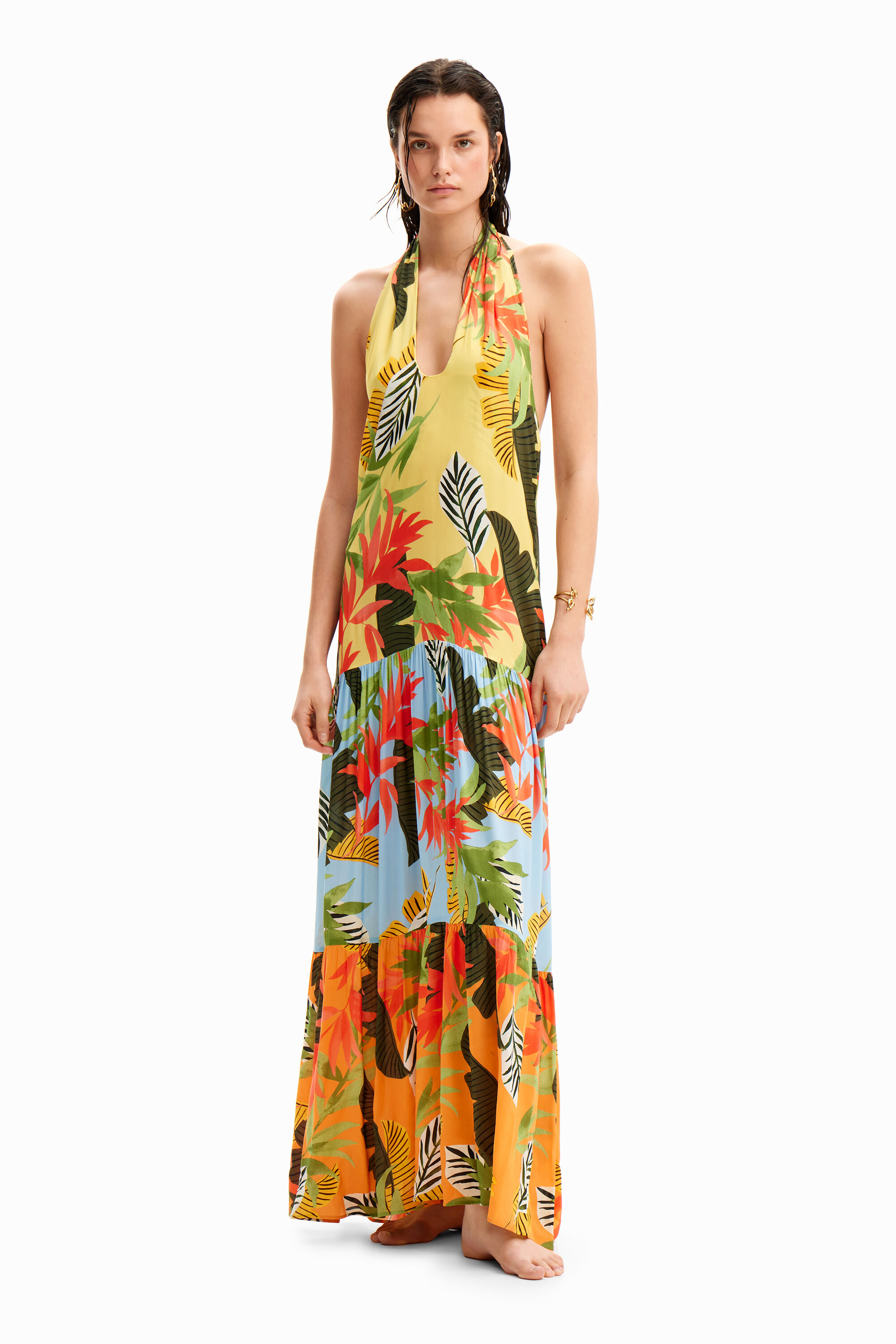 Tropical halter neck maxi dress - MATERIAL FINISHES - L